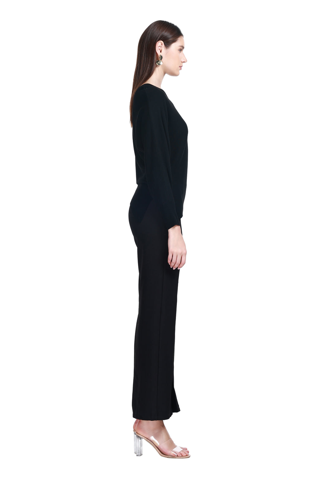 Asymmetric Neckline Long Sleeve Curved Asymmetric Hem Solid Knitted Top