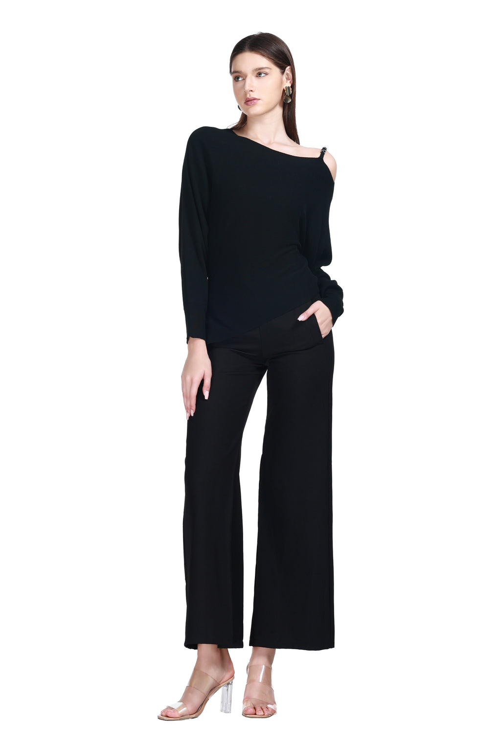 Asymmetric Neckline Long Sleeve Curved Asymmetric Hem Solid Knitted Top