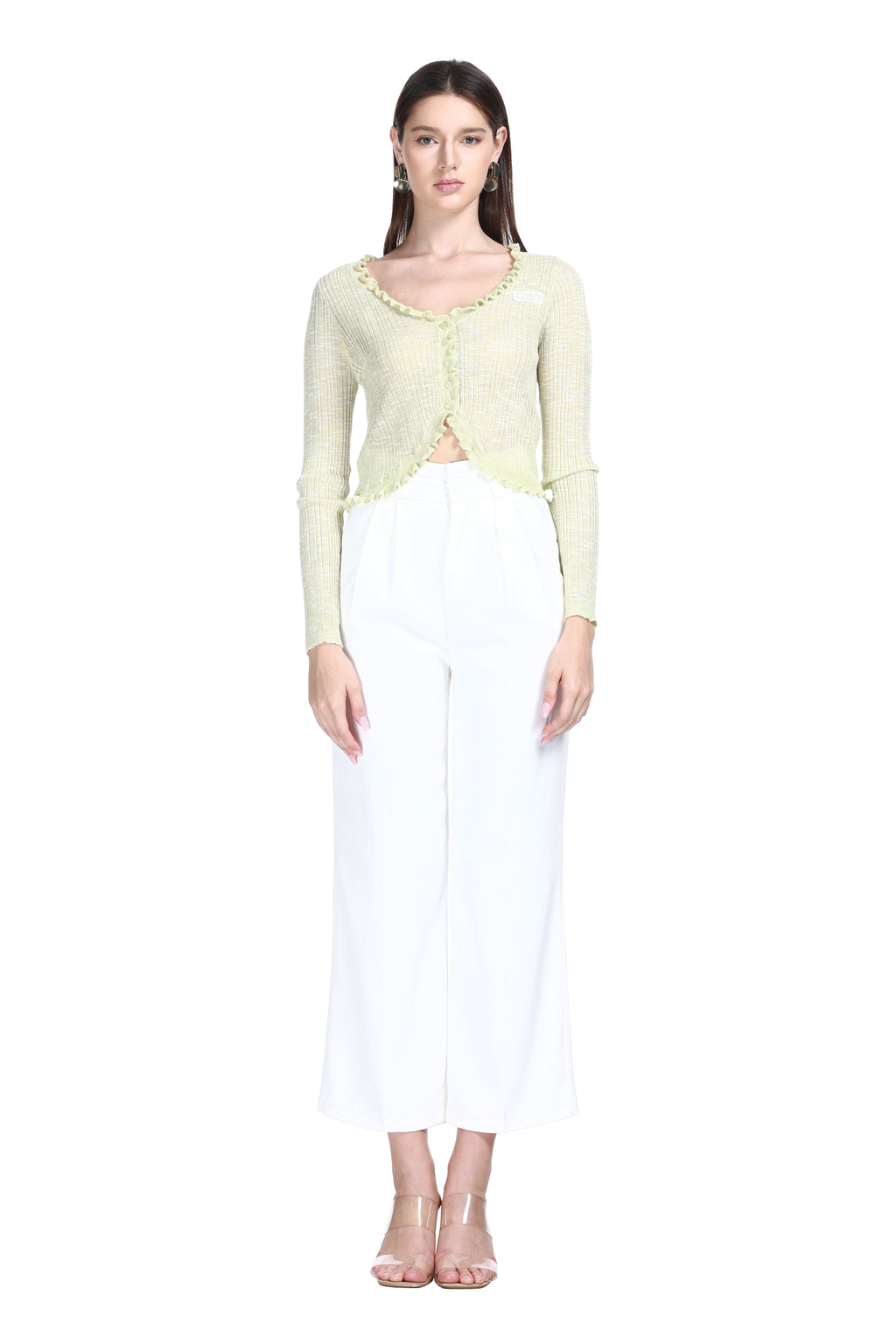V-neck Ruffled Trim Long Sleeves Buttons Placket Knitted Cropped Cardigan