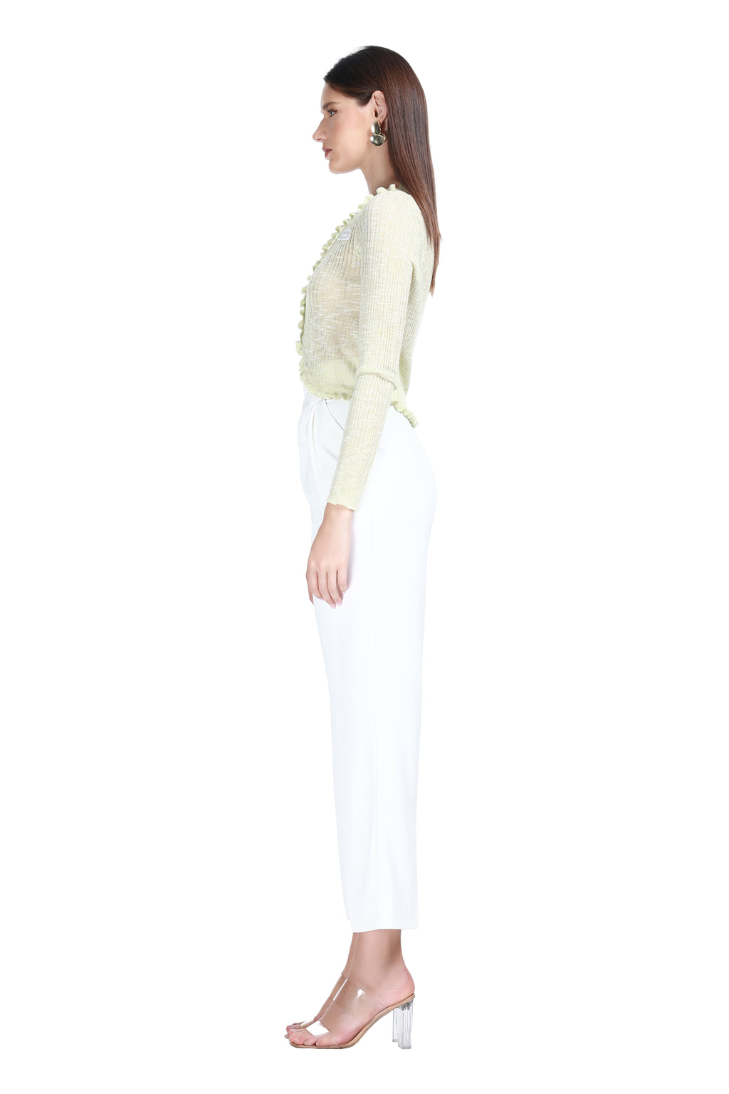 V-neck Ruffled Trim Long Sleeves Buttons Placket Knitted Cropped Cardigan