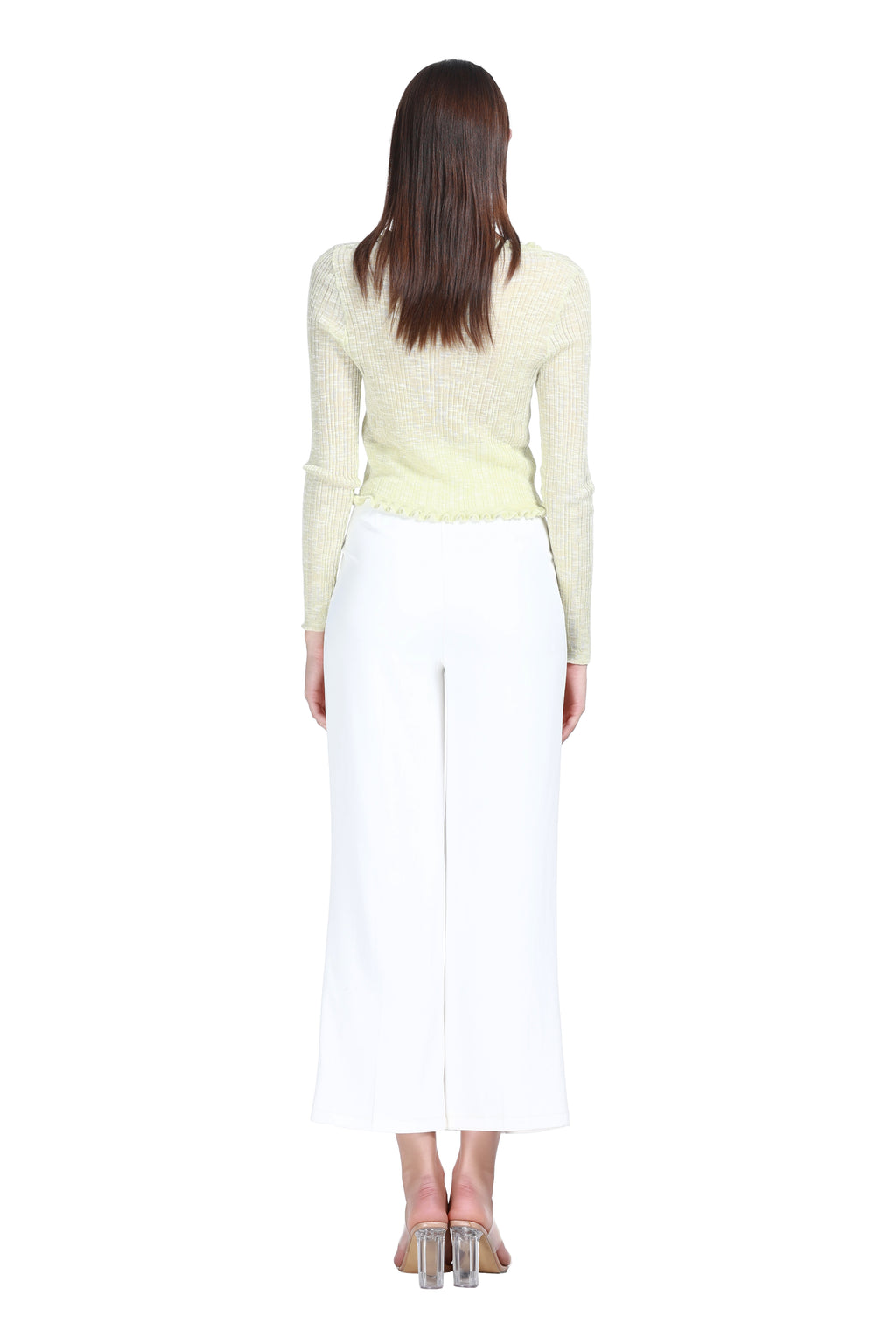 V-neck Ruffled Trim Long Sleeves Buttons Placket Knitted Cropped Cardigan