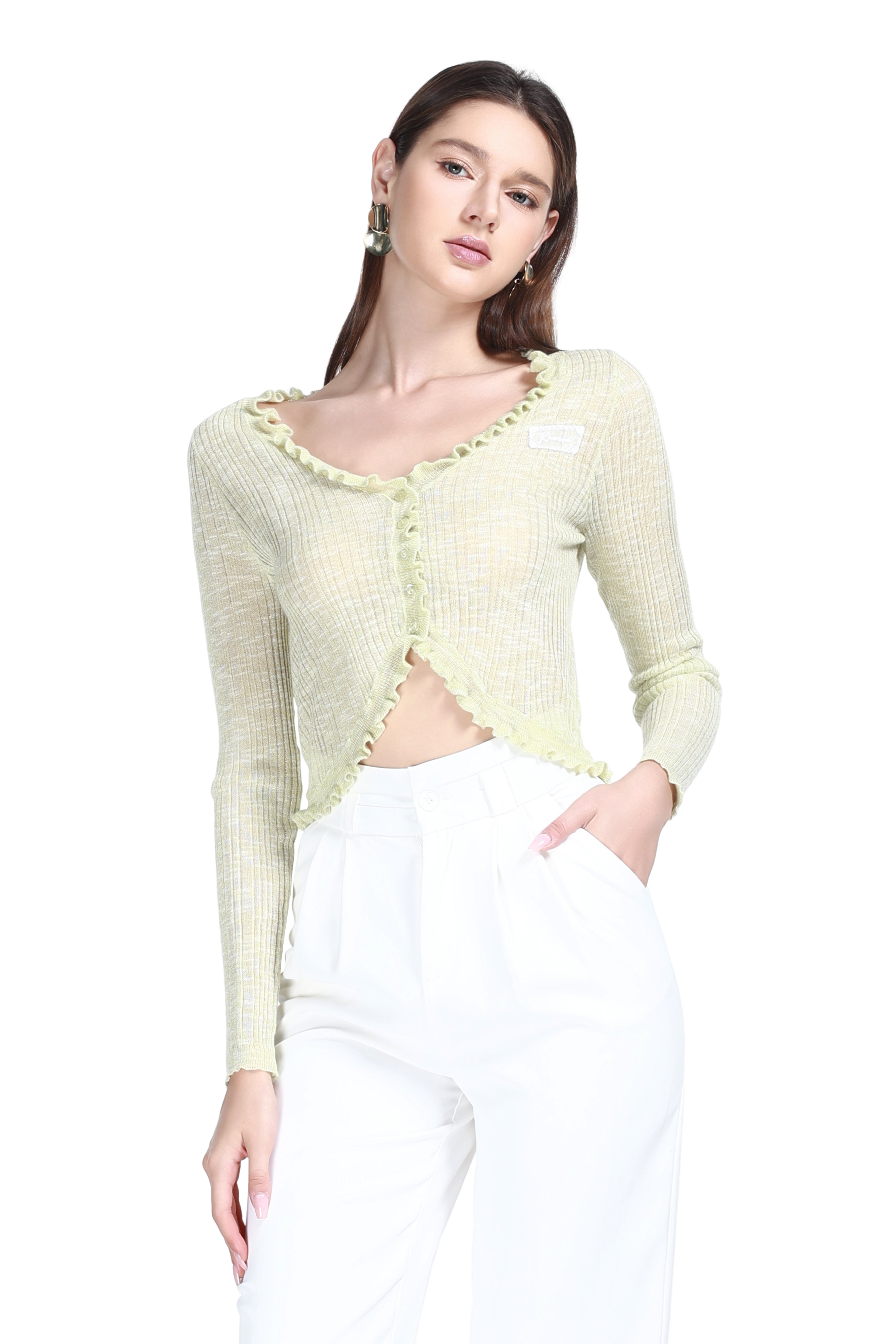 V-neck Ruffled Trim Long Sleeves Buttons Placket Knitted Cropped