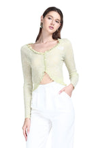 V-neck Ruffled Trim Long Sleeves Buttons Placket Knitted Cropped Cardigan