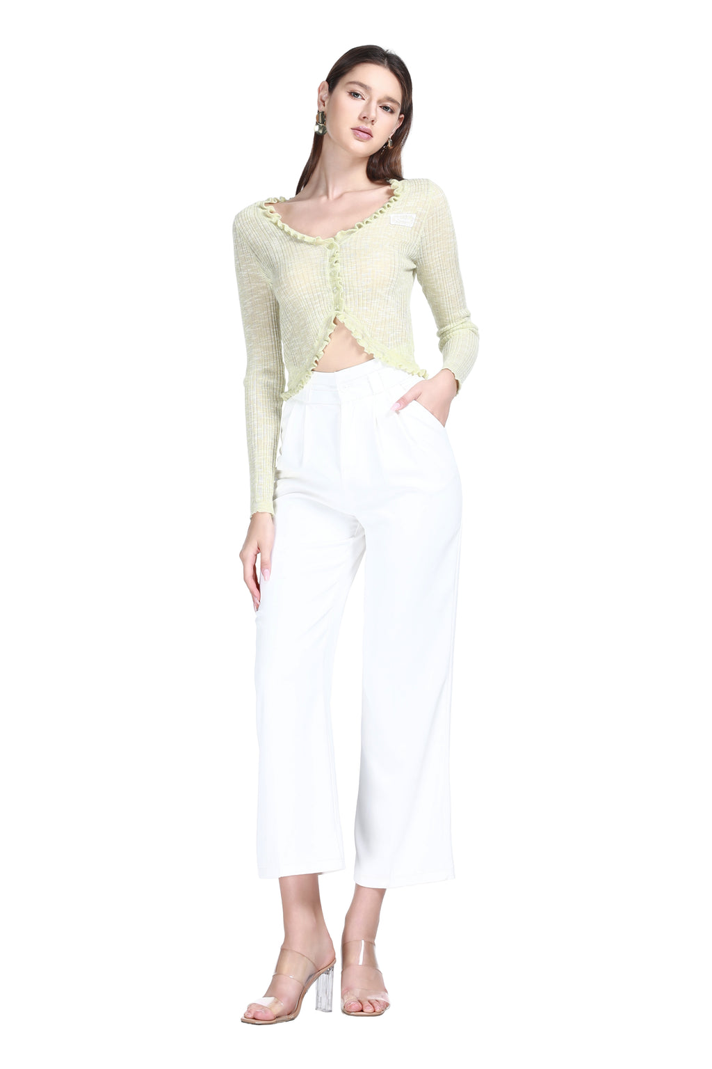 V-neck Ruffled Trim Long Sleeves Buttons Placket Knitted Cropped Cardigan