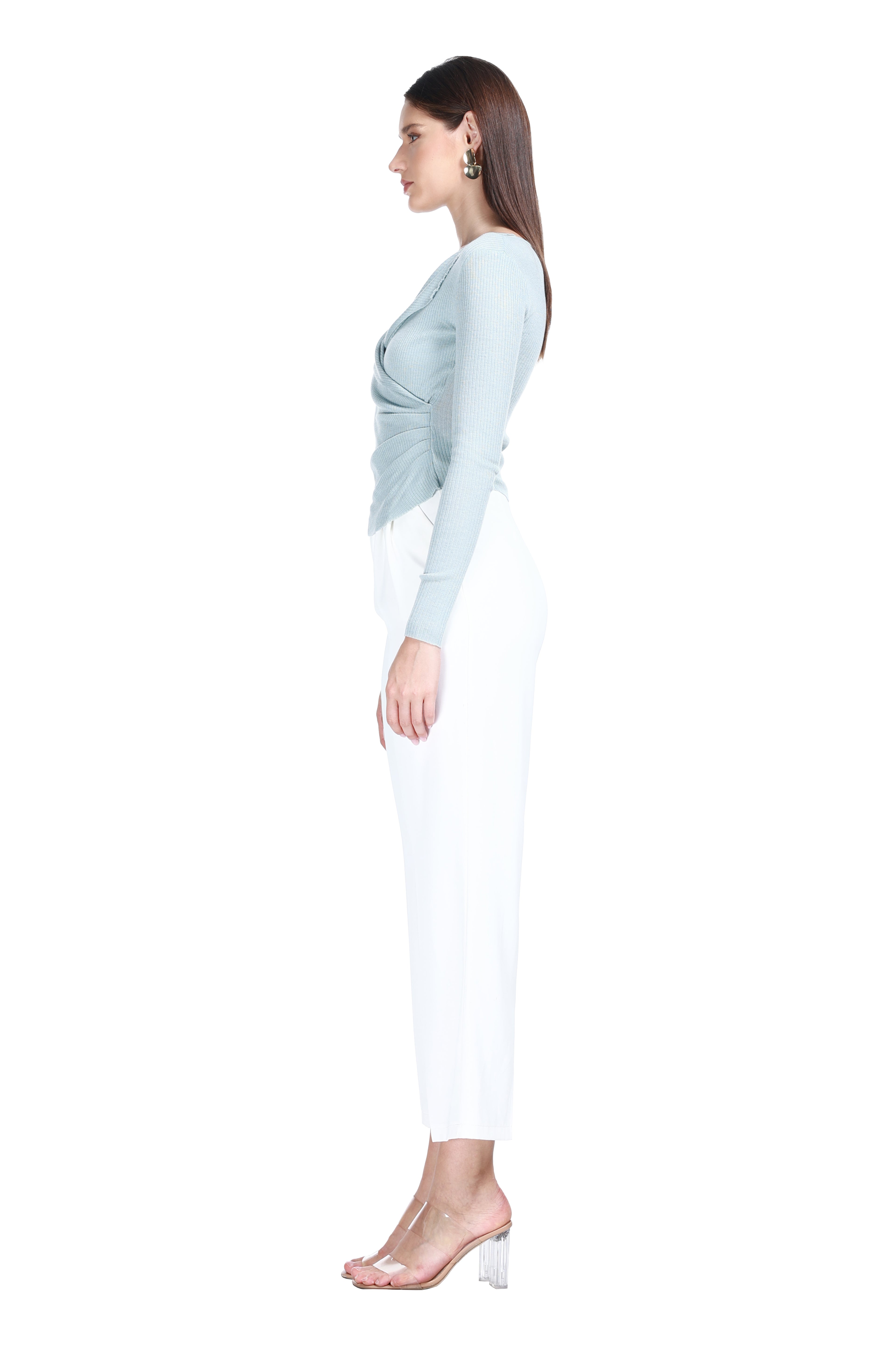 Surplice Wrap V-neck Lace Trim Long Sleeves Vertical Rib-Knit Knitted Top