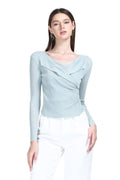 Surplice Wrap V-neck Lace Trim Long Sleeves Vertical Rib-Knit Knitted Top