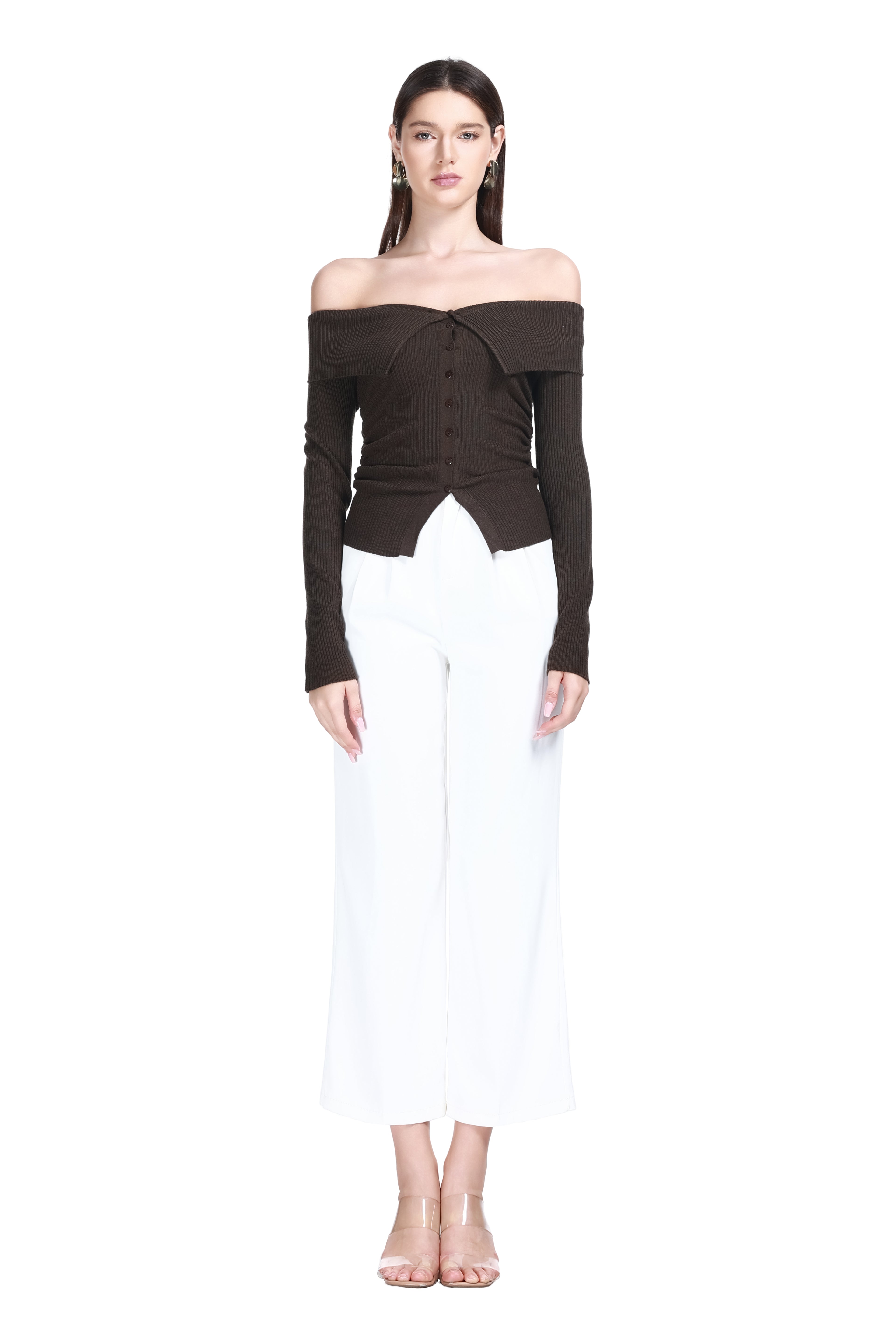 Off-the-shoulder Foldover Collar Long Sleeve Button Placket Knitted Cardigan