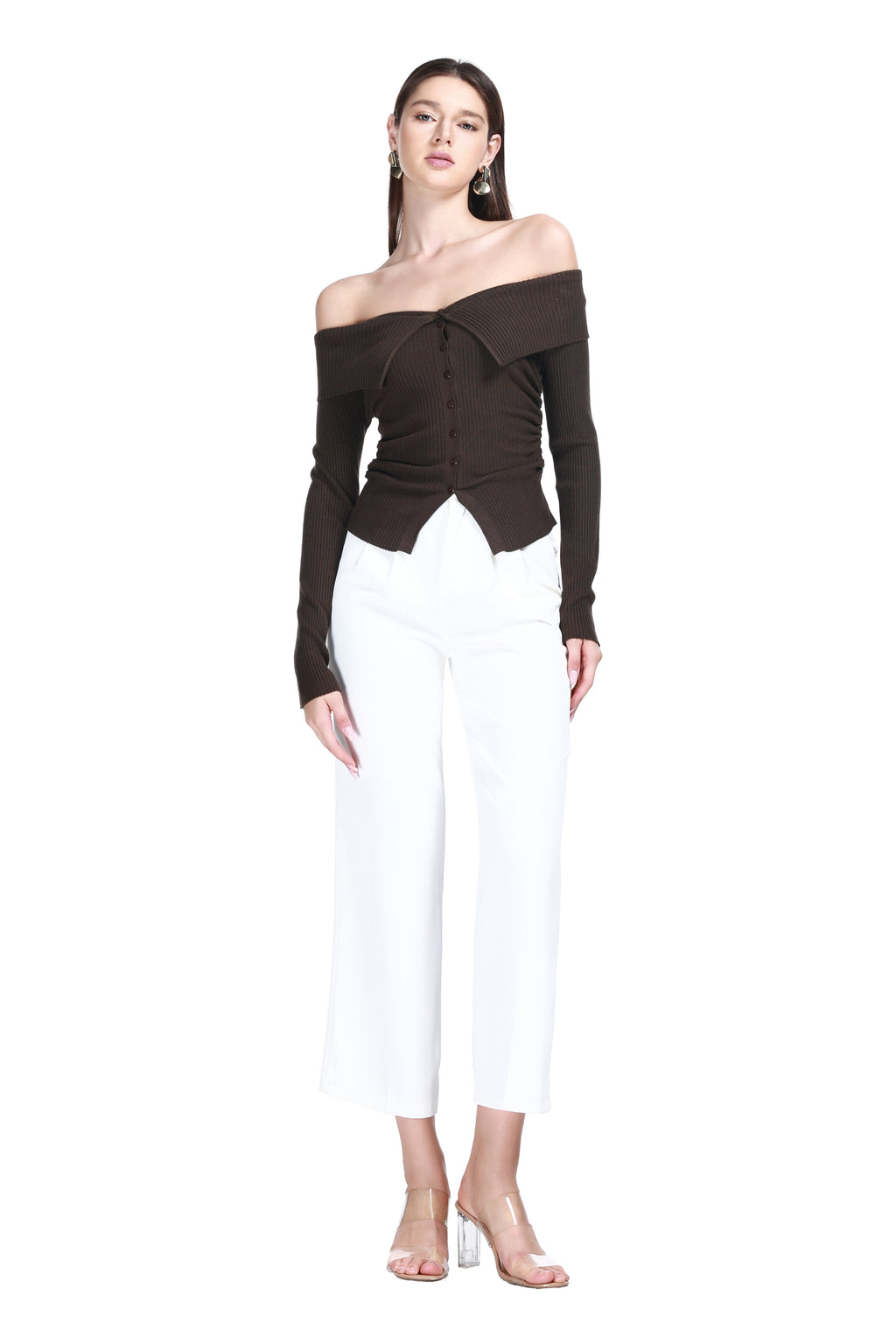 Off-the-shoulder Foldover Collar Long Sleeve Button Placket Knitted Cardigan