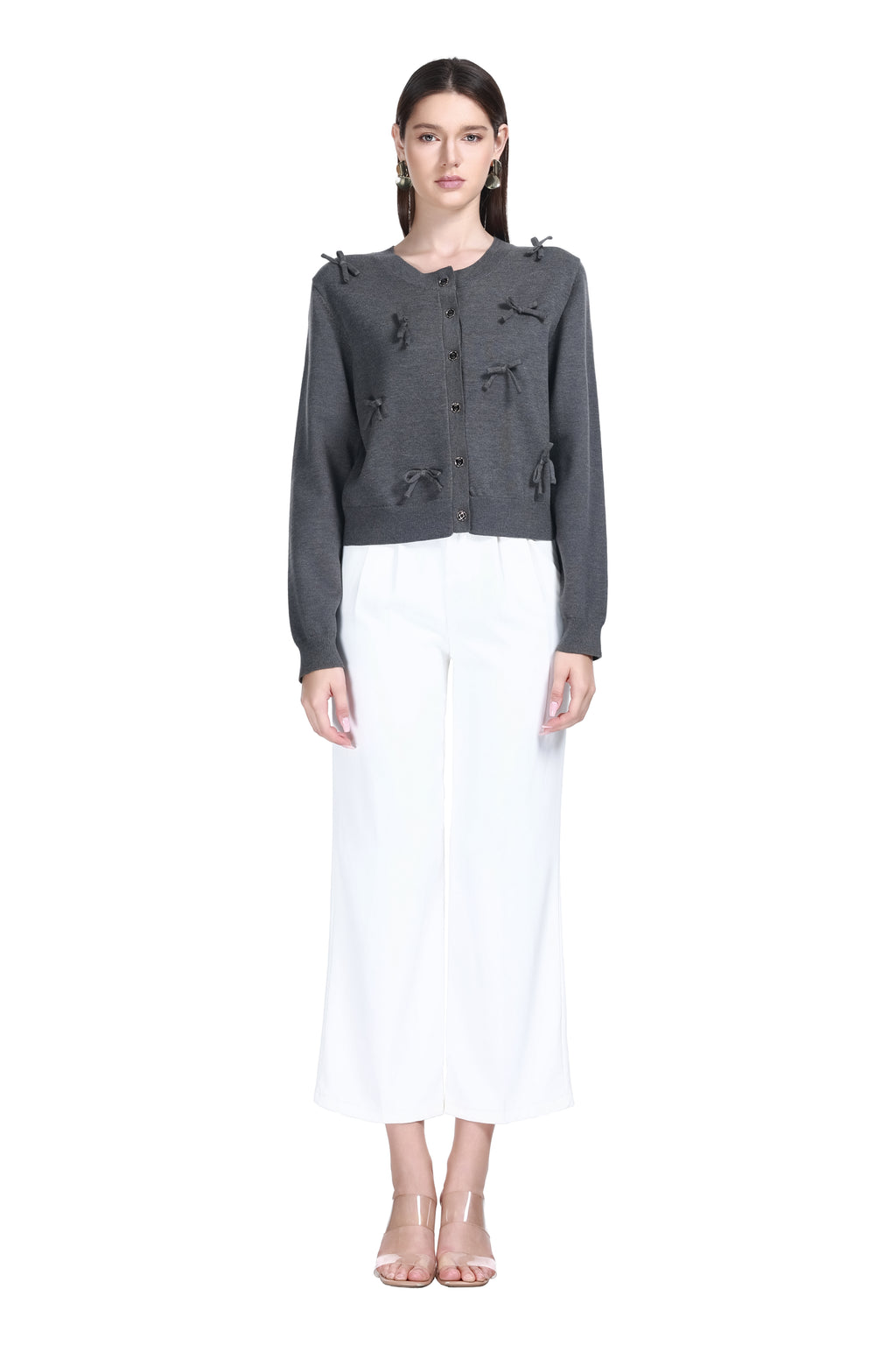 Crew Neck Long Sleeve 3D Bow Button Placket Solid Knitted Cardigan