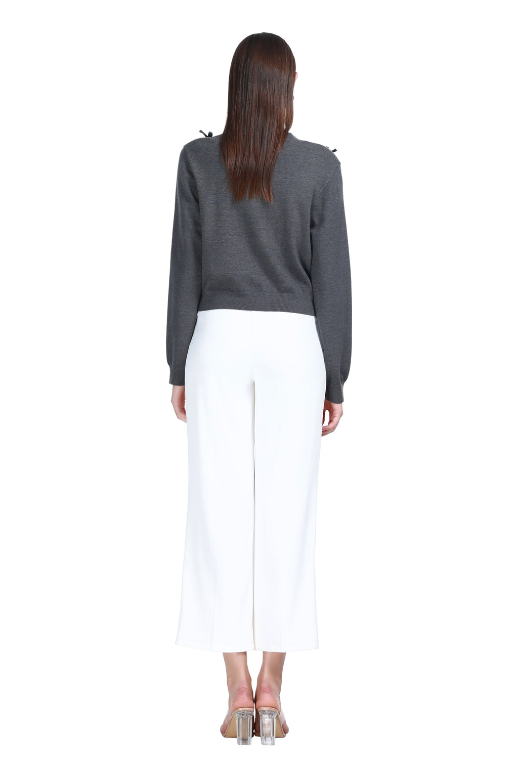 Crew Neck Long Sleeve 3D Bow Button Placket Solid Knitted Cardigan