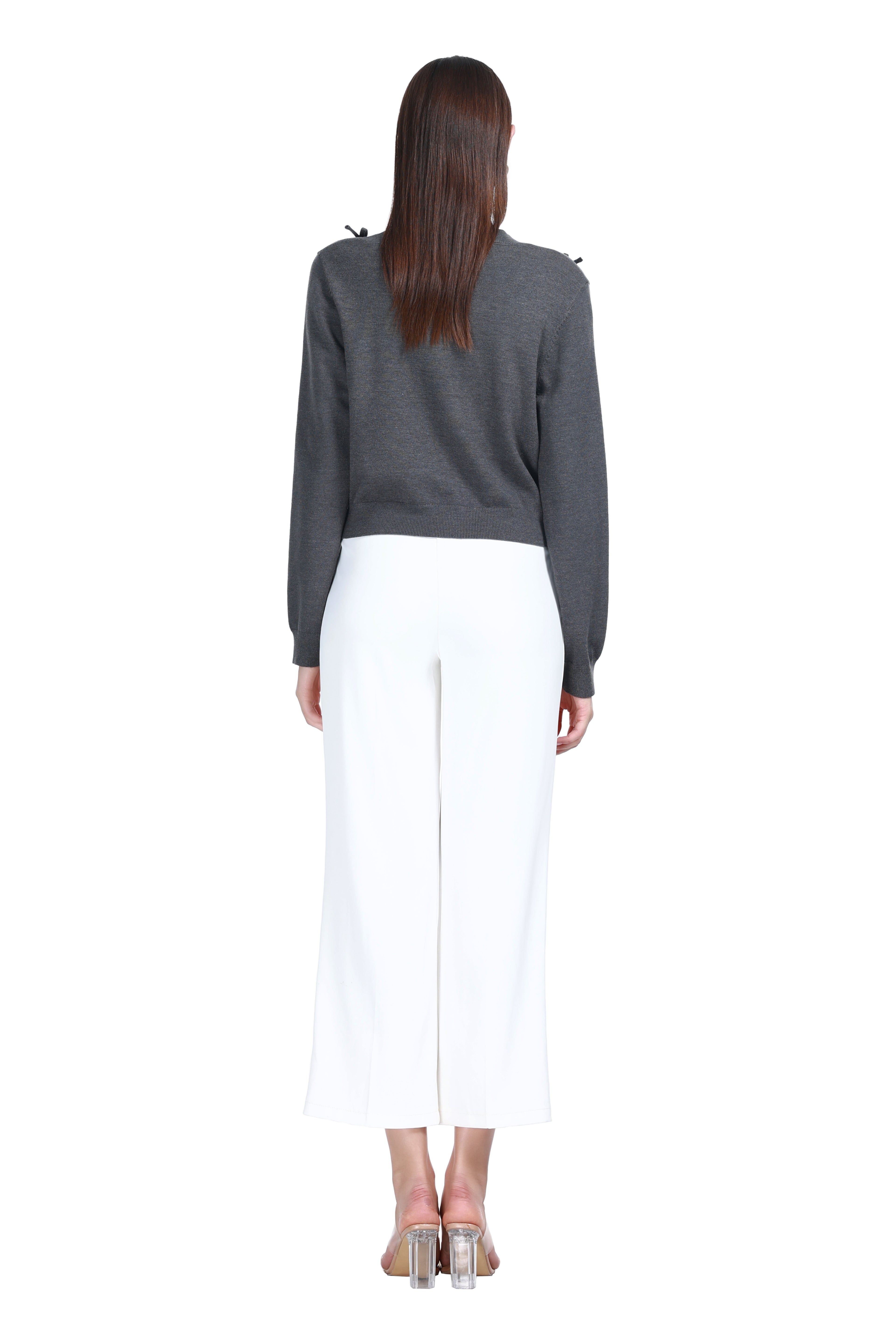 Crew Neck Long Sleeve 3D Bow Button Placket Solid Knitted Cardigan