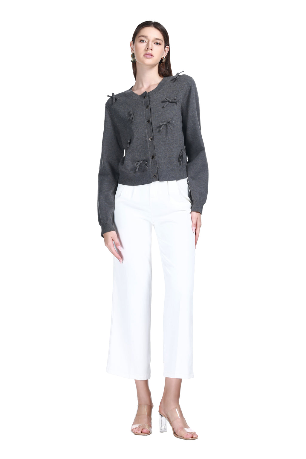 Crew Neck Long Sleeve 3D Bow Button Placket Solid Knitted Cardigan