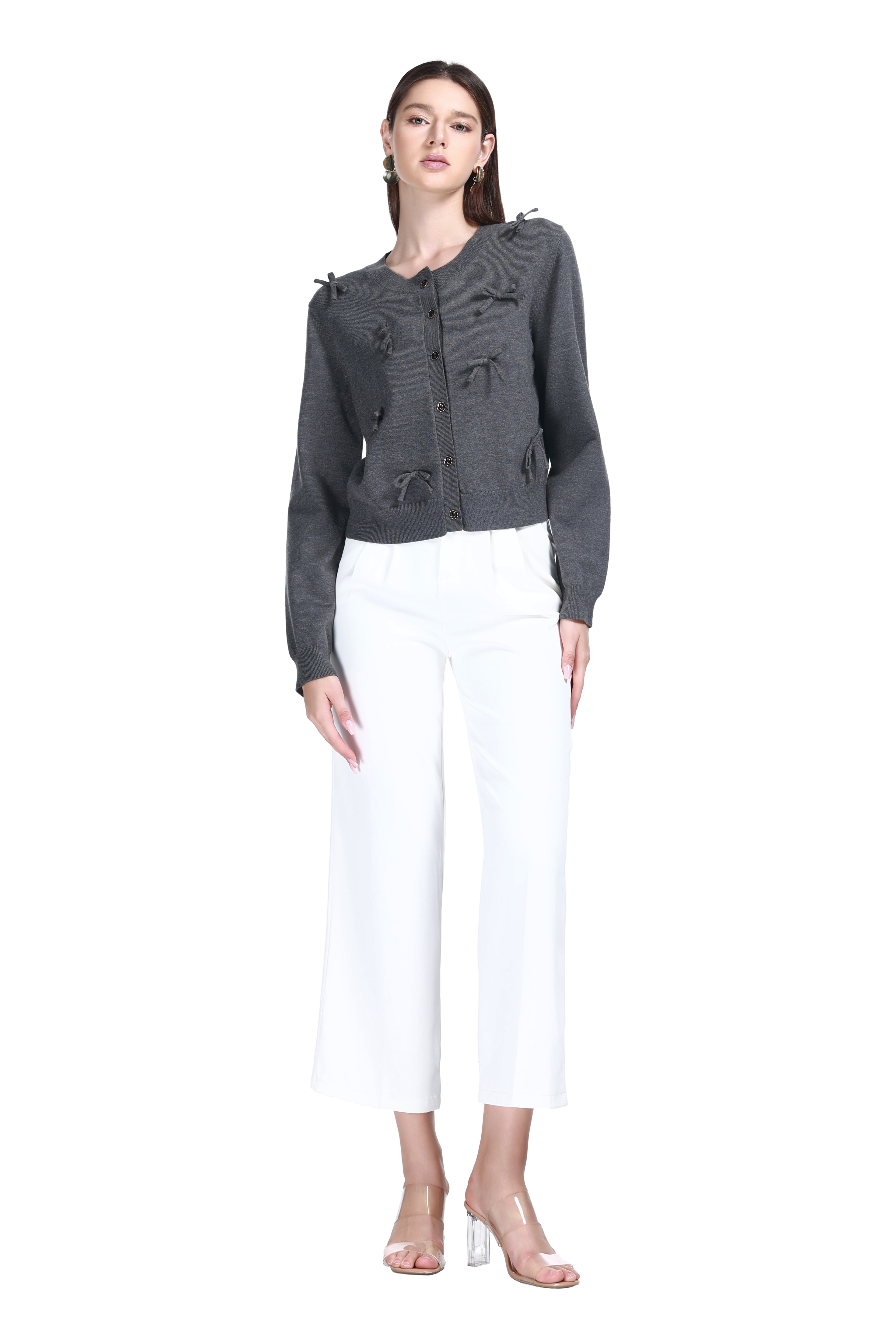 Crew Neck Long Sleeve 3D Bow Button Placket Solid Knitted Cardigan