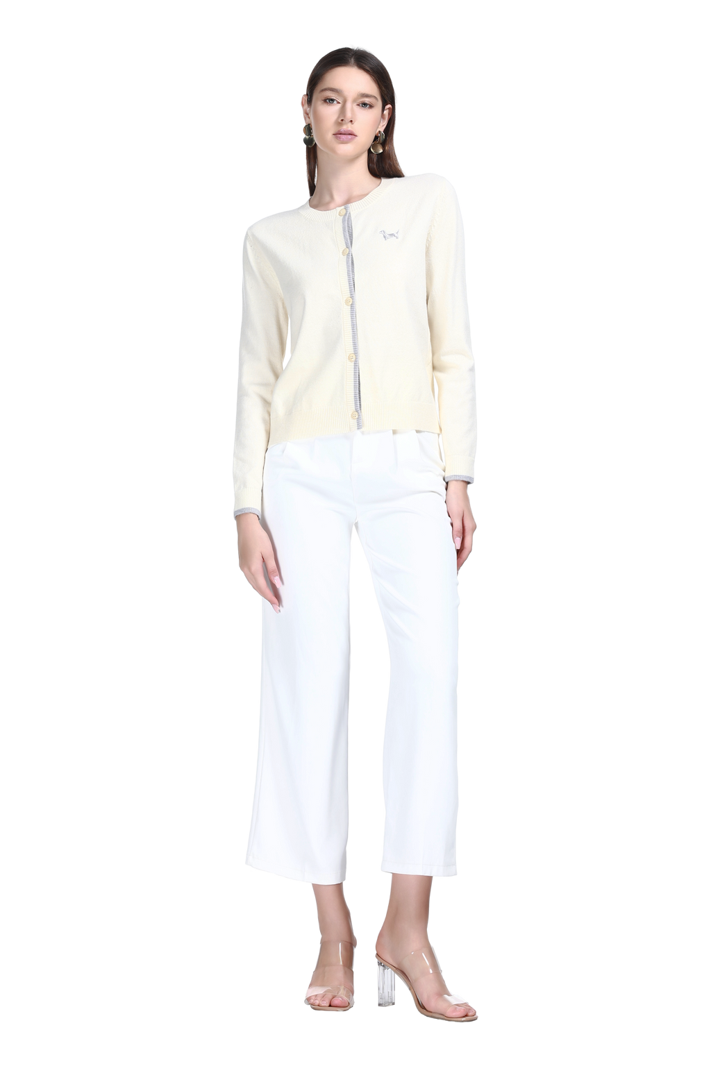 Crew Neck Long Sleeve Dachshund Embroidery Buttons Solid Knitted Cardigan