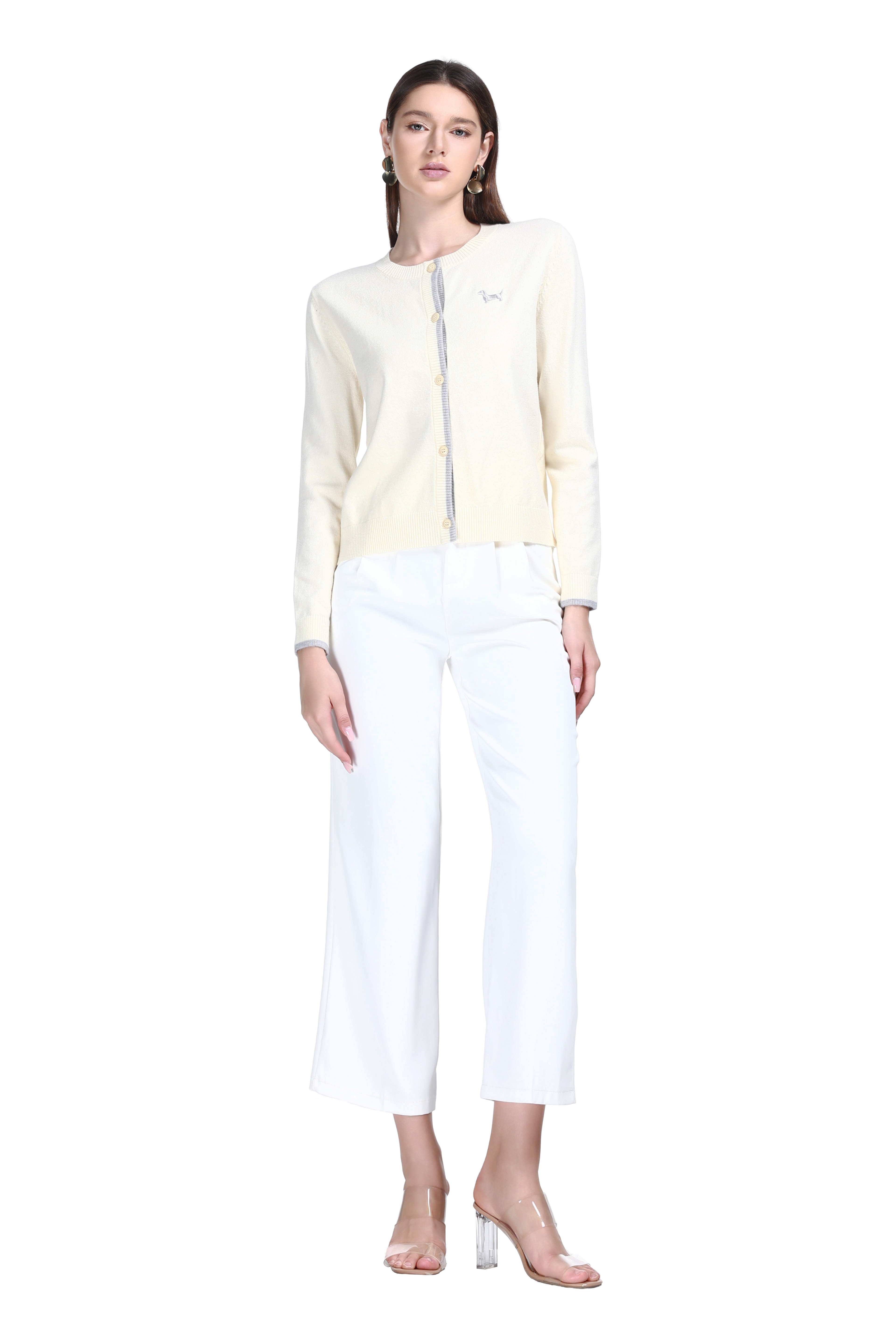 Crew Neck Long Sleeve Dachshund Embroidery Buttons Solid Knitted Cardigan