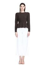 Crew Neck Long Sleeve Ruffled Hem Heathered Rib Texture Knitted Top