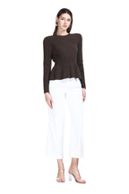 Crew Neck Long Sleeve Ruffled Hem Heathered Rib Texture Knitted Top