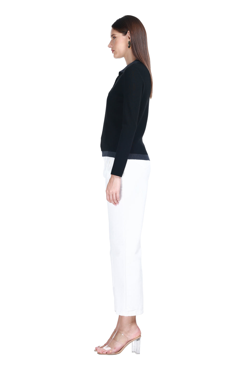 Polo Neck Contrast Trim Long Sleeves Button Front Placket Knitted Top