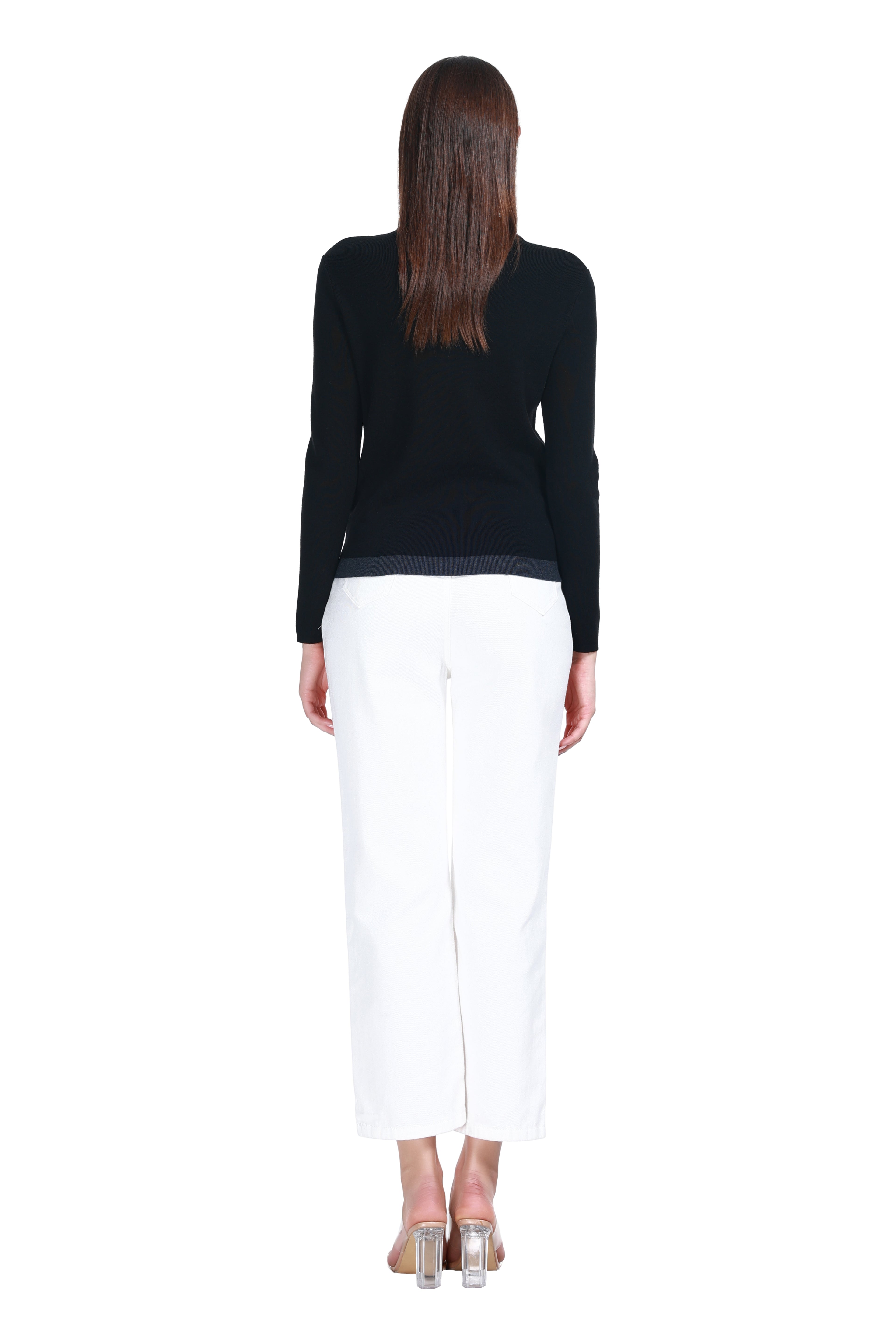 Polo Neck Contrast Trim Long Sleeves Button Front Placket Knitted Top