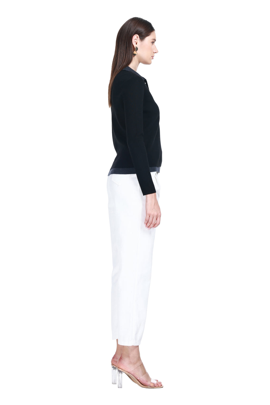 Polo Neck Contrast Trim Long Sleeves Button Front Placket Knitted Top
