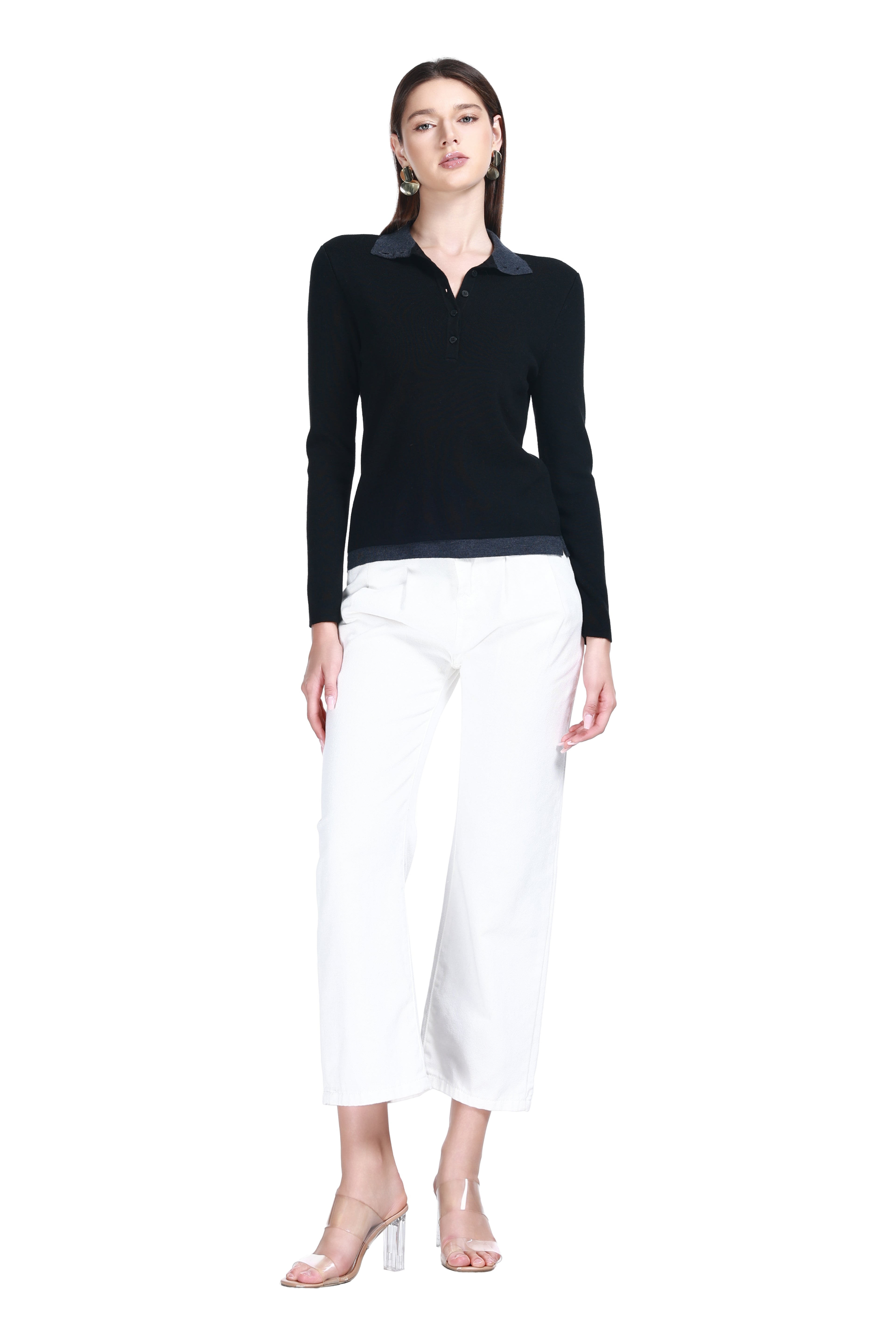 Polo Neck Contrast Trim Long Sleeves Button Front Placket Knitted Top