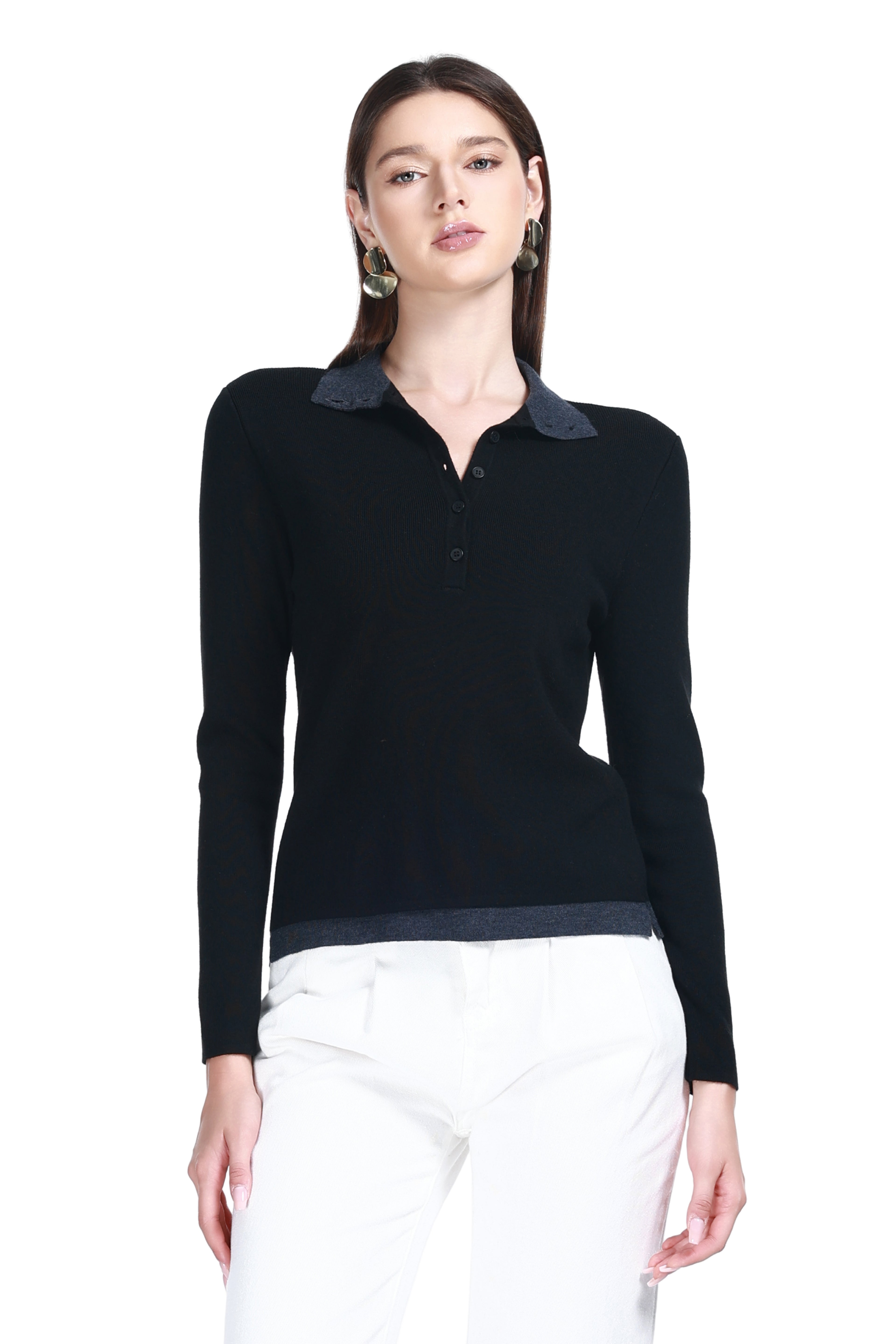 Polo Neck Contrast Trim Long Sleeves Button Front Placket Knitted Top