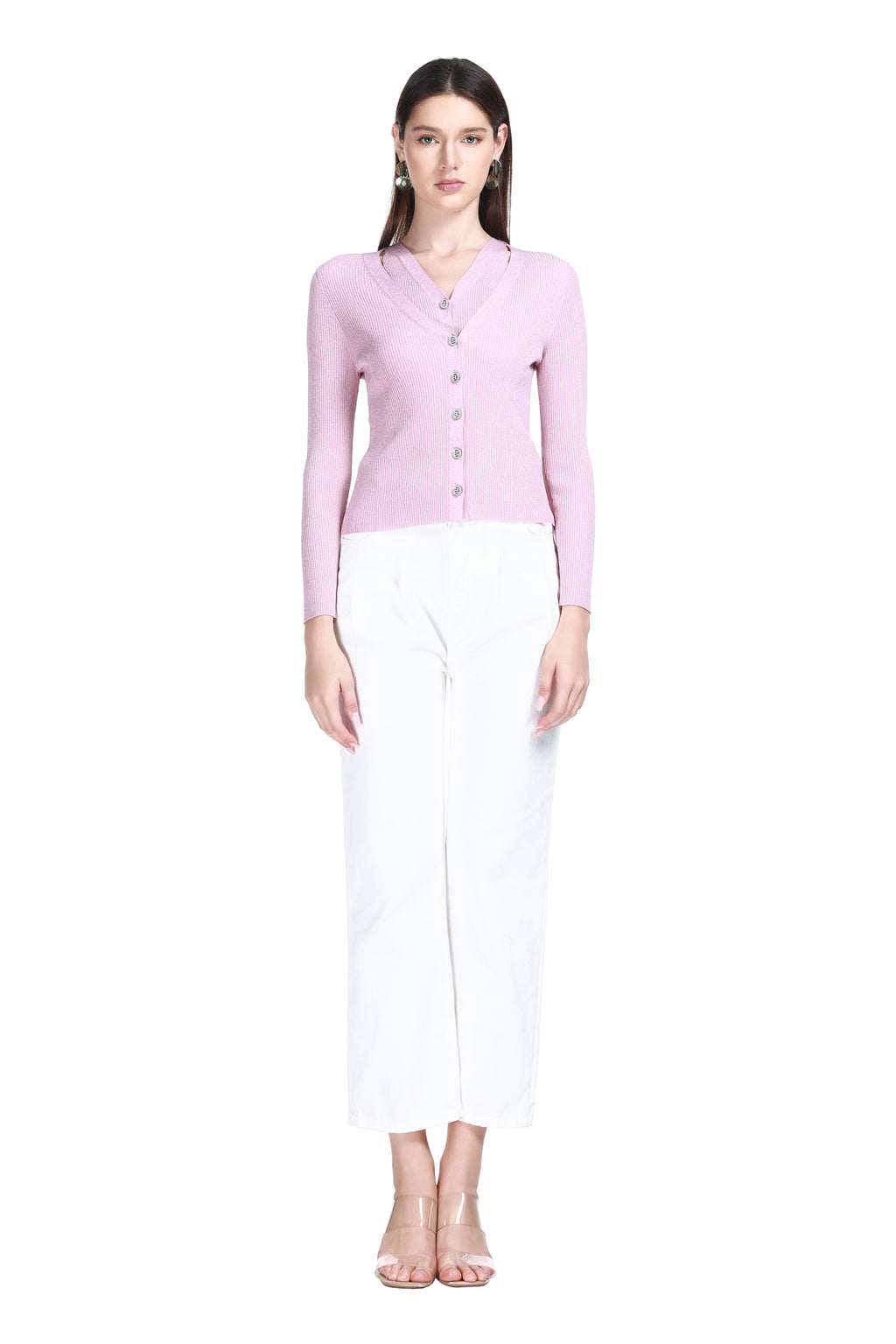 V-neck Long Sleeve Ribbed Fake Two-pieces Solid Knitted Cardigan