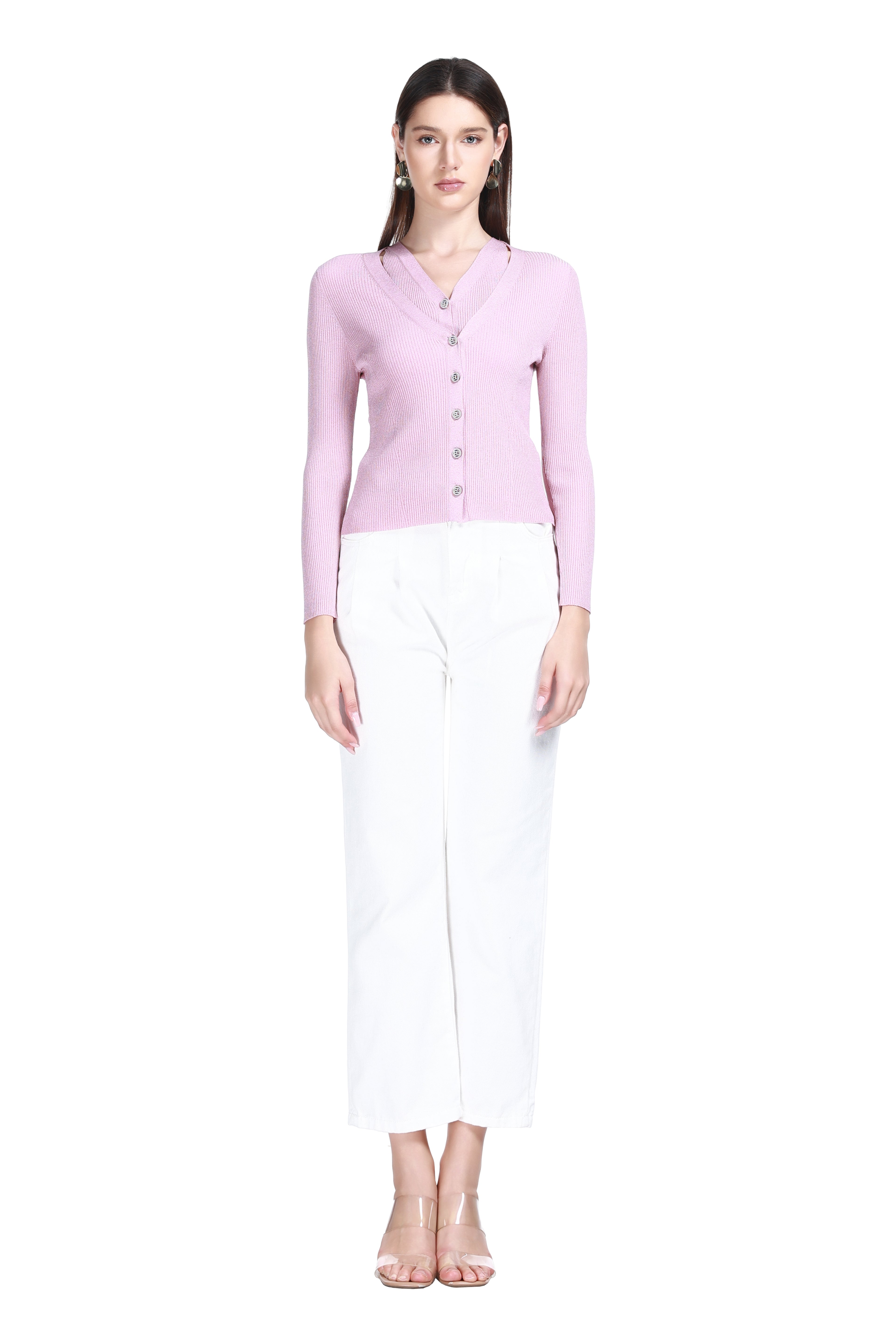 V-neck Long Sleeve Ribbed Fake Two-pieces Solid Knitted Cardigan