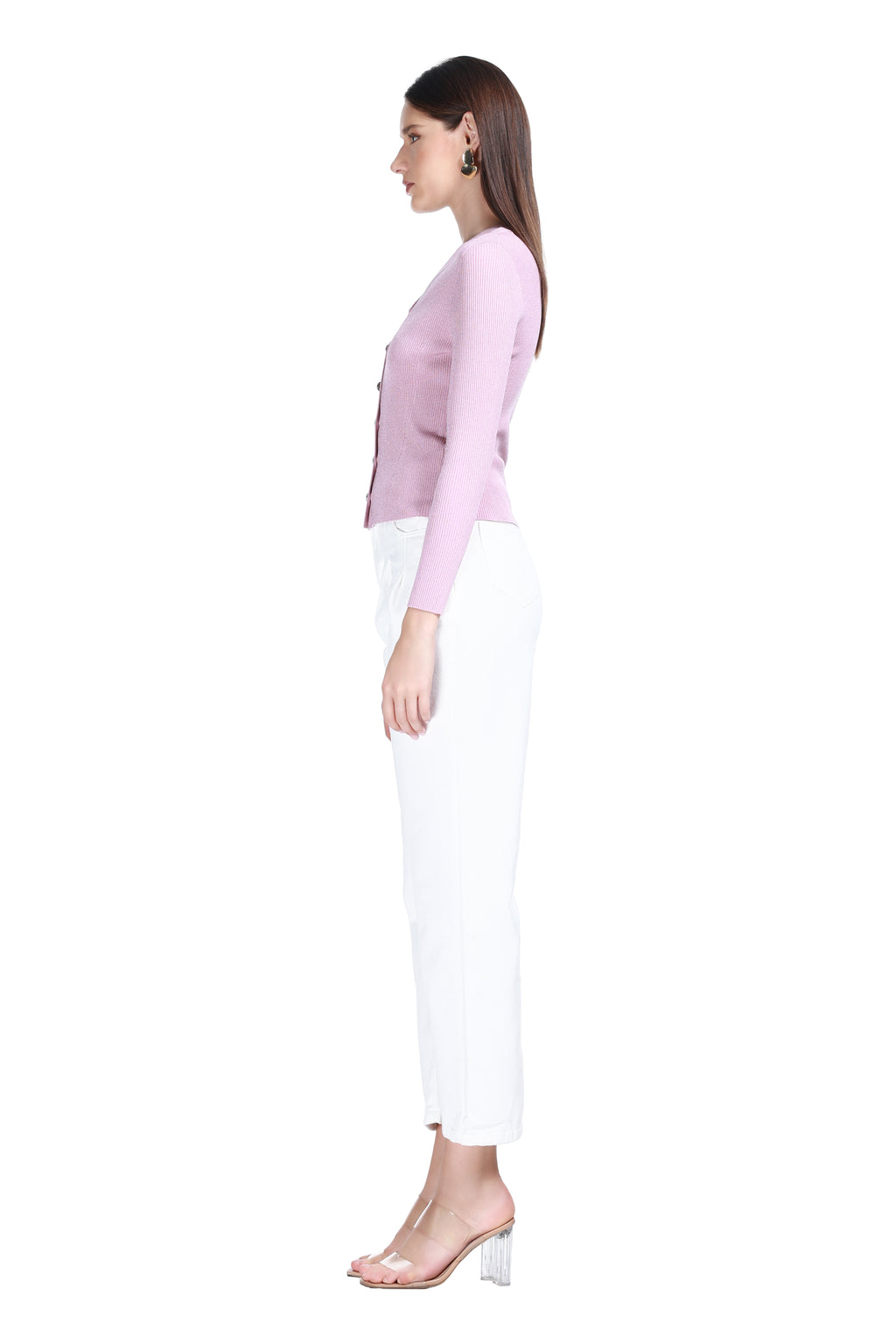 V-neck Long Sleeve Ribbed Fake Two-pieces Solid Knitted Cardigan