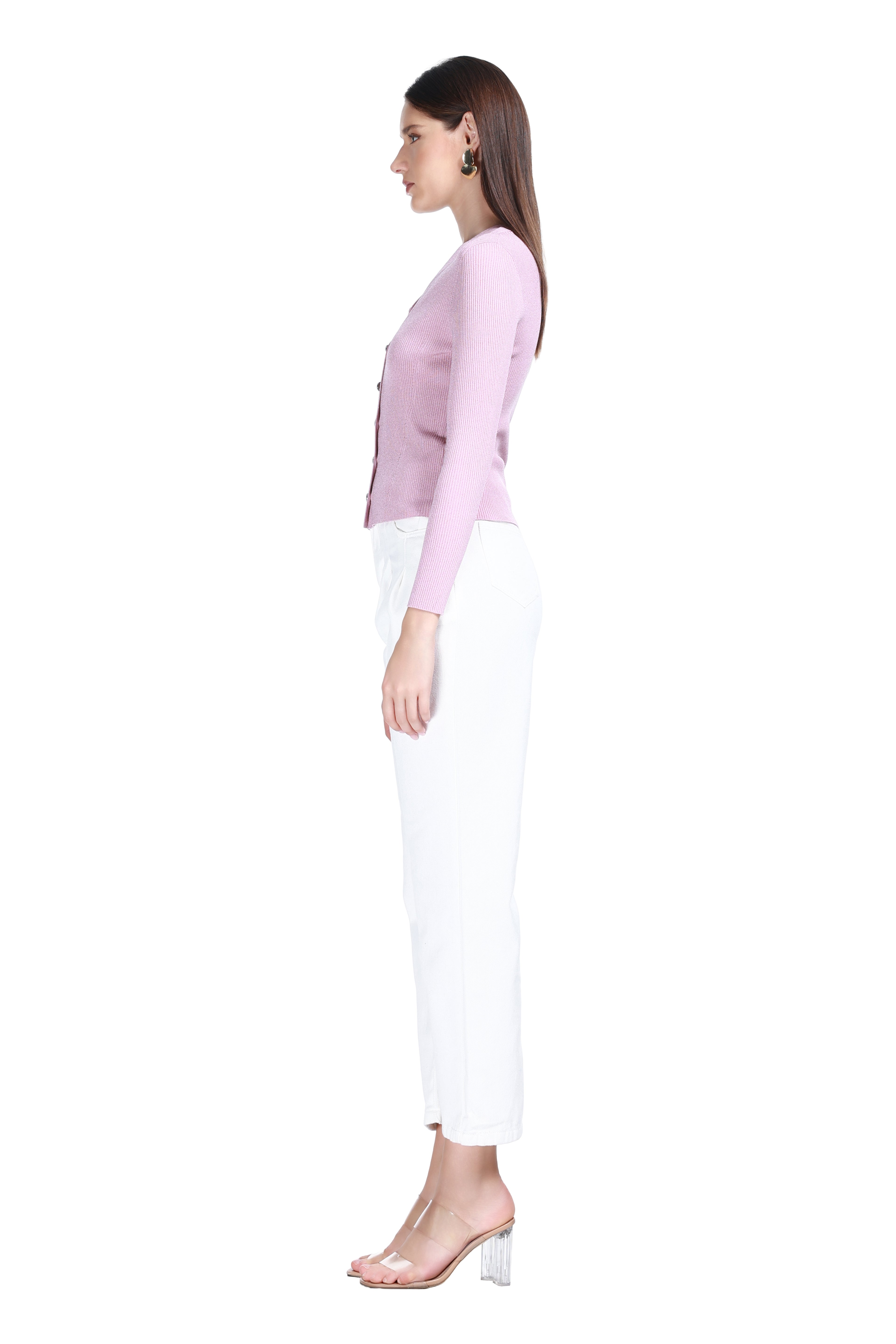 V-neck Long Sleeve Ribbed Fake Two-pieces Solid Knitted Cardigan