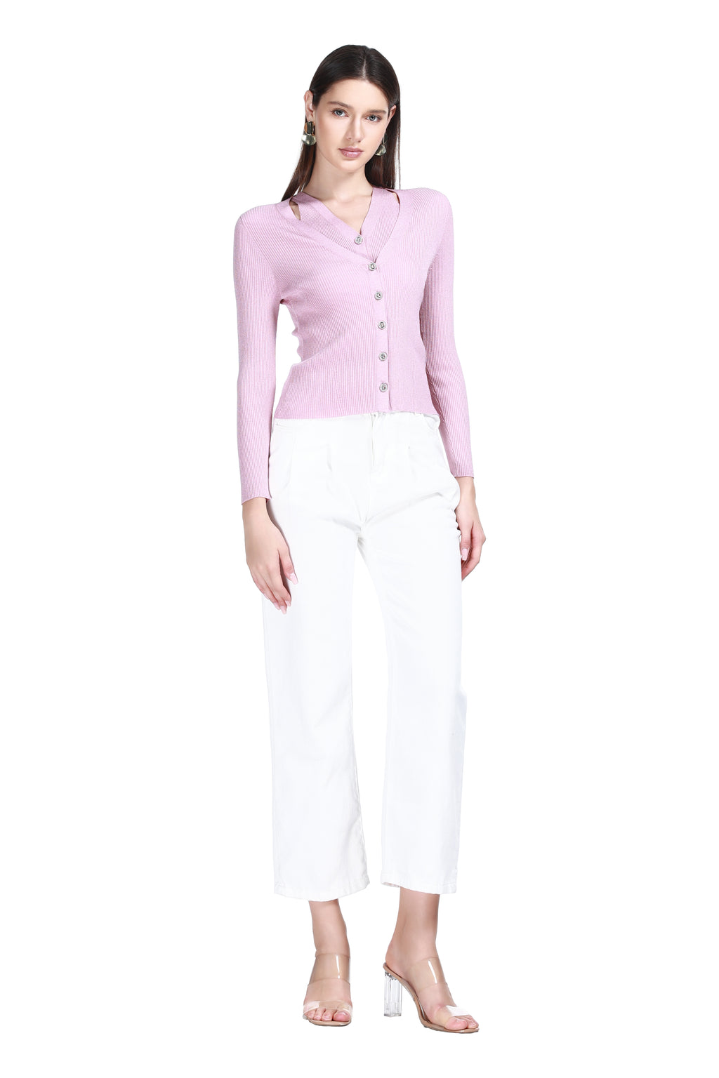 V-neck Long Sleeve Ribbed Fake Two-pieces Solid Knitted Cardigan