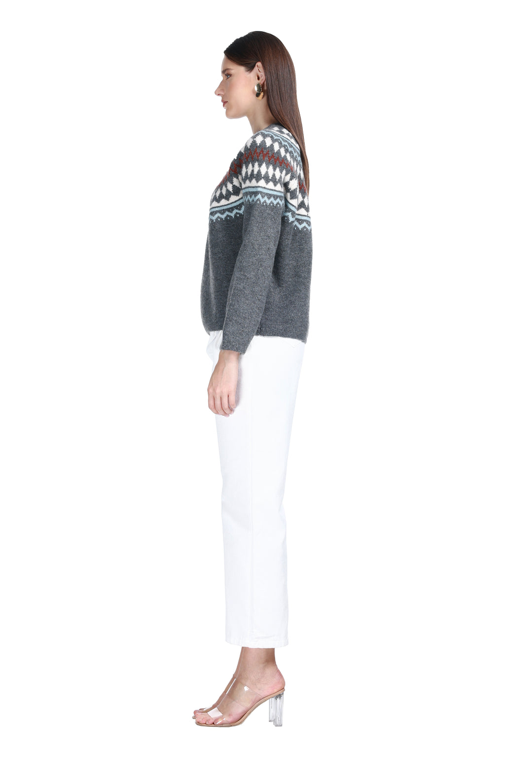 Crew Neck Ribbed Trim Long Sleeve Fair Isle Jacquard Knitted Top