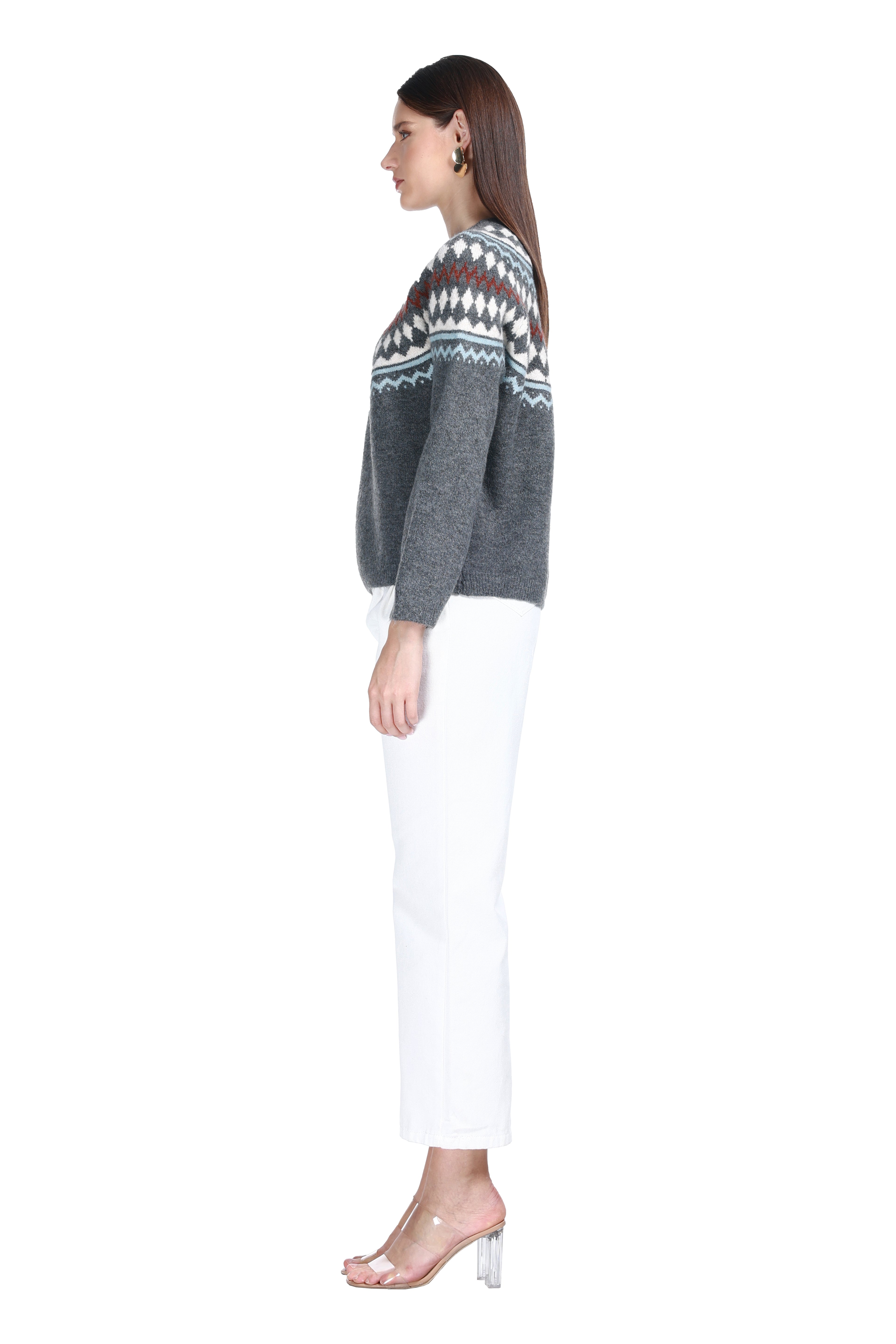 Crew Neck Ribbed Trim Long Sleeve Fair Isle Jacquard Knitted Top