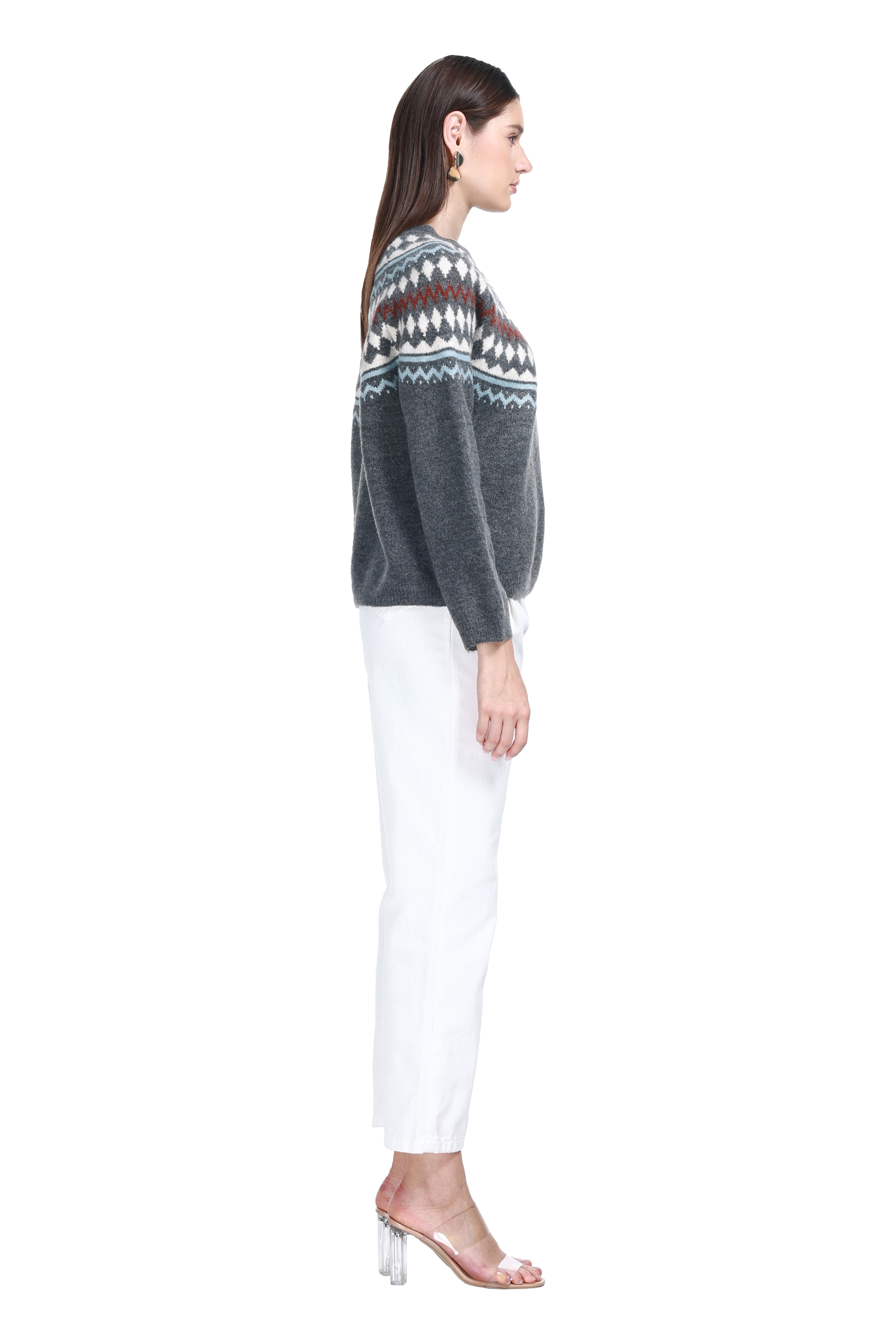 Crew Neck Ribbed Trim Long Sleeve Fair Isle Jacquard Knitted Top