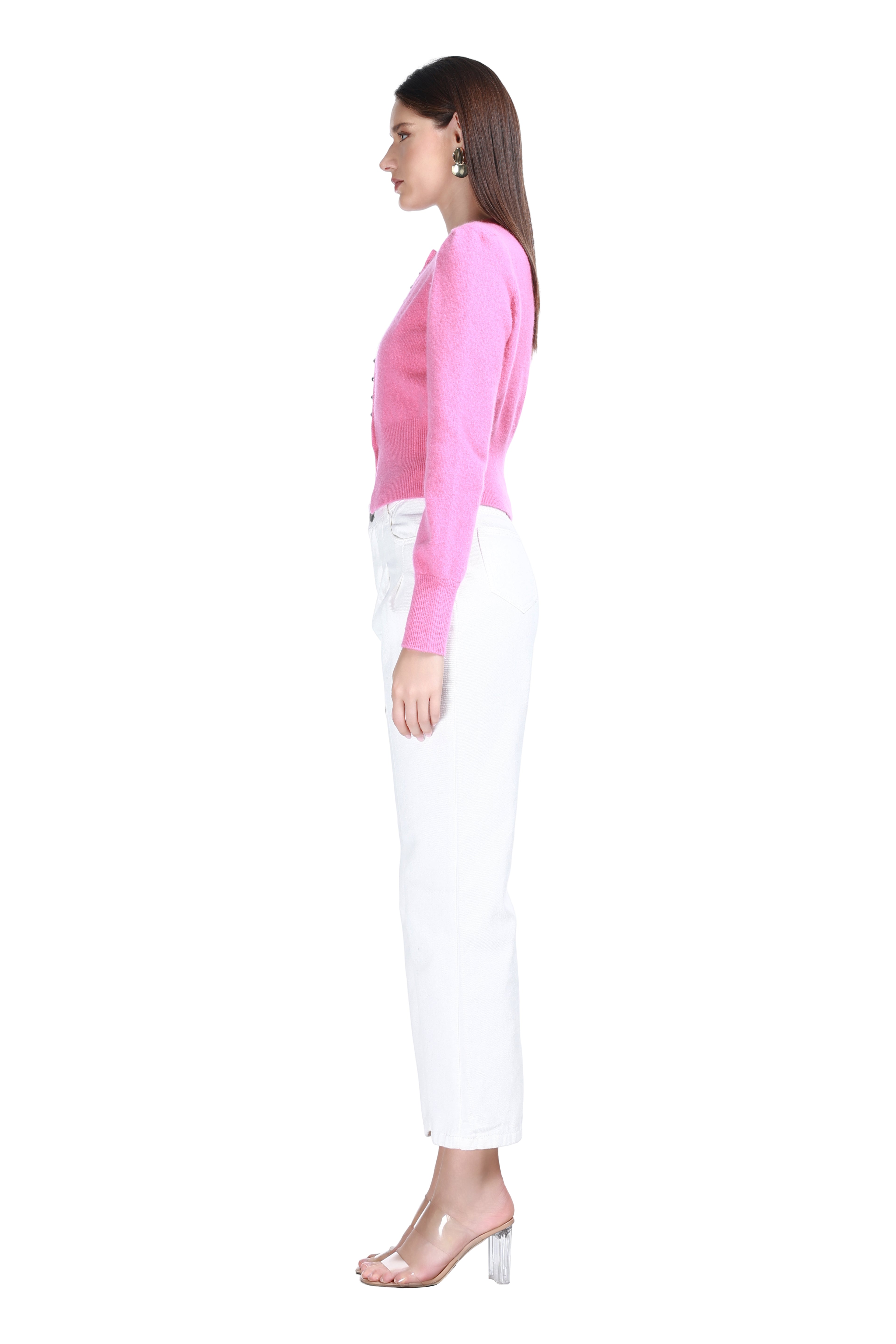 Crew Neck Long Sleeve Multi-Button Hem Slit Solid Knitted Cardigan