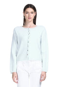 Crew Neck Scalloped Trim Long Sleeves Mixed Button Knitted Cardigan