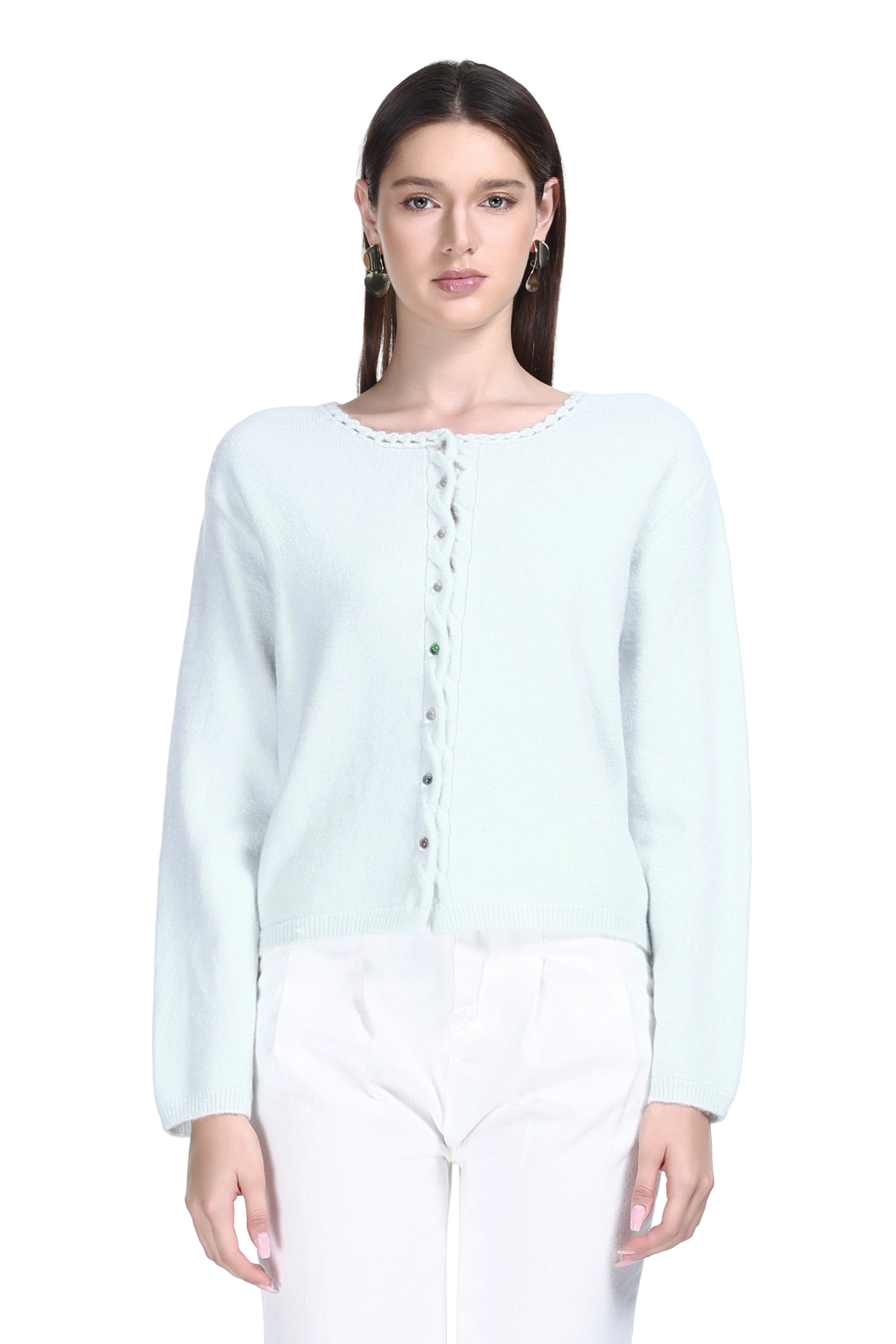 Crew Neck Scalloped Trim Long Sleeves Mixed Button Knitted Cardigan