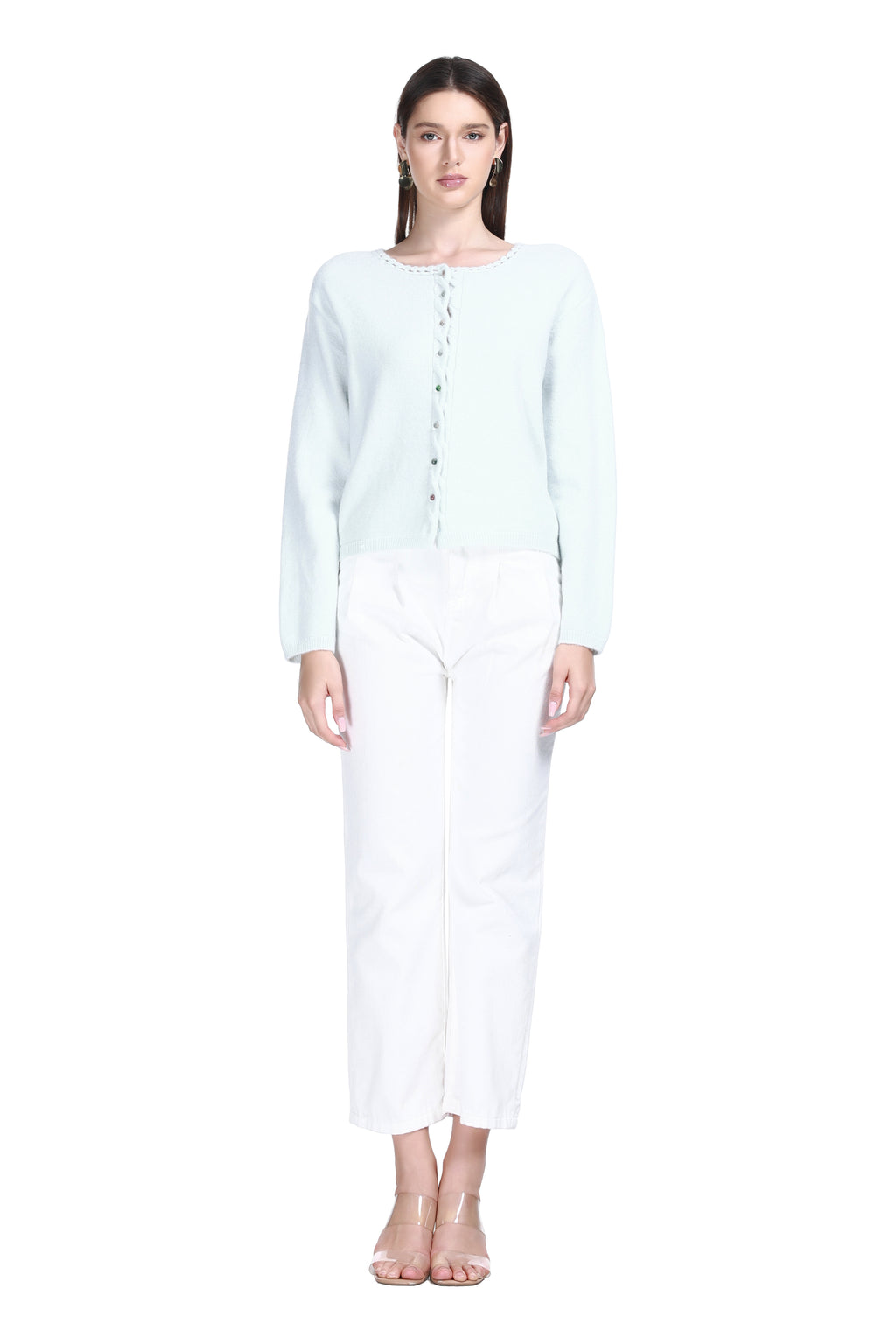 Crew Neck Scalloped Trim Long Sleeves Mixed Button Knitted Cardigan