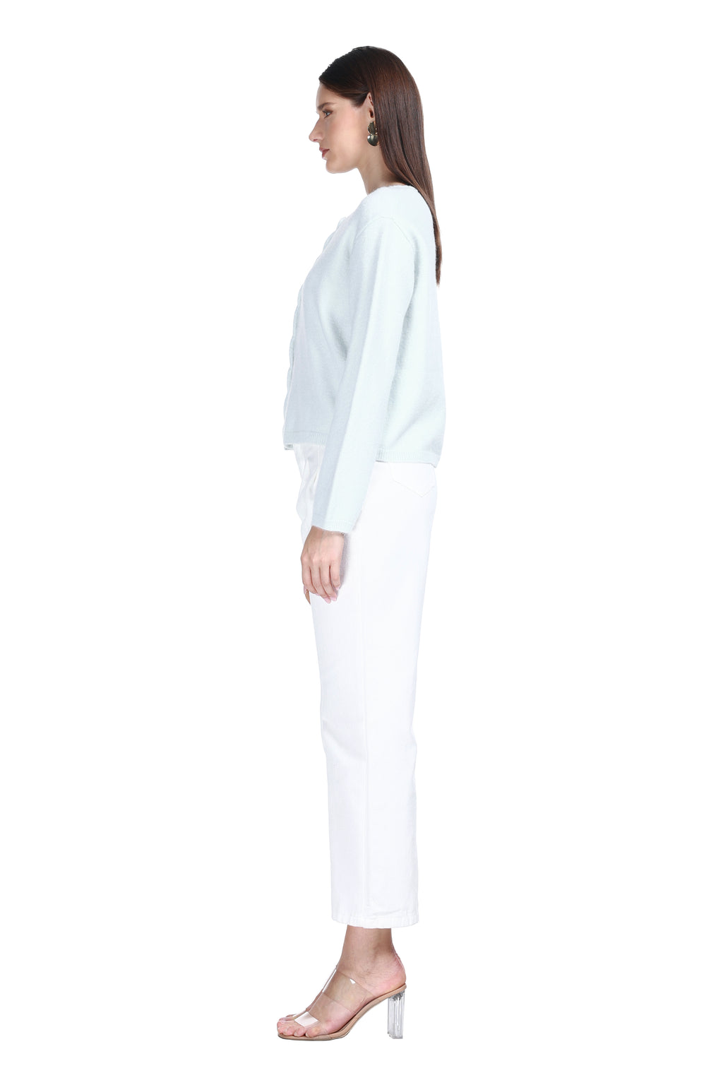 Crew Neck Scalloped Trim Long Sleeves Mixed Button Knitted Cardigan