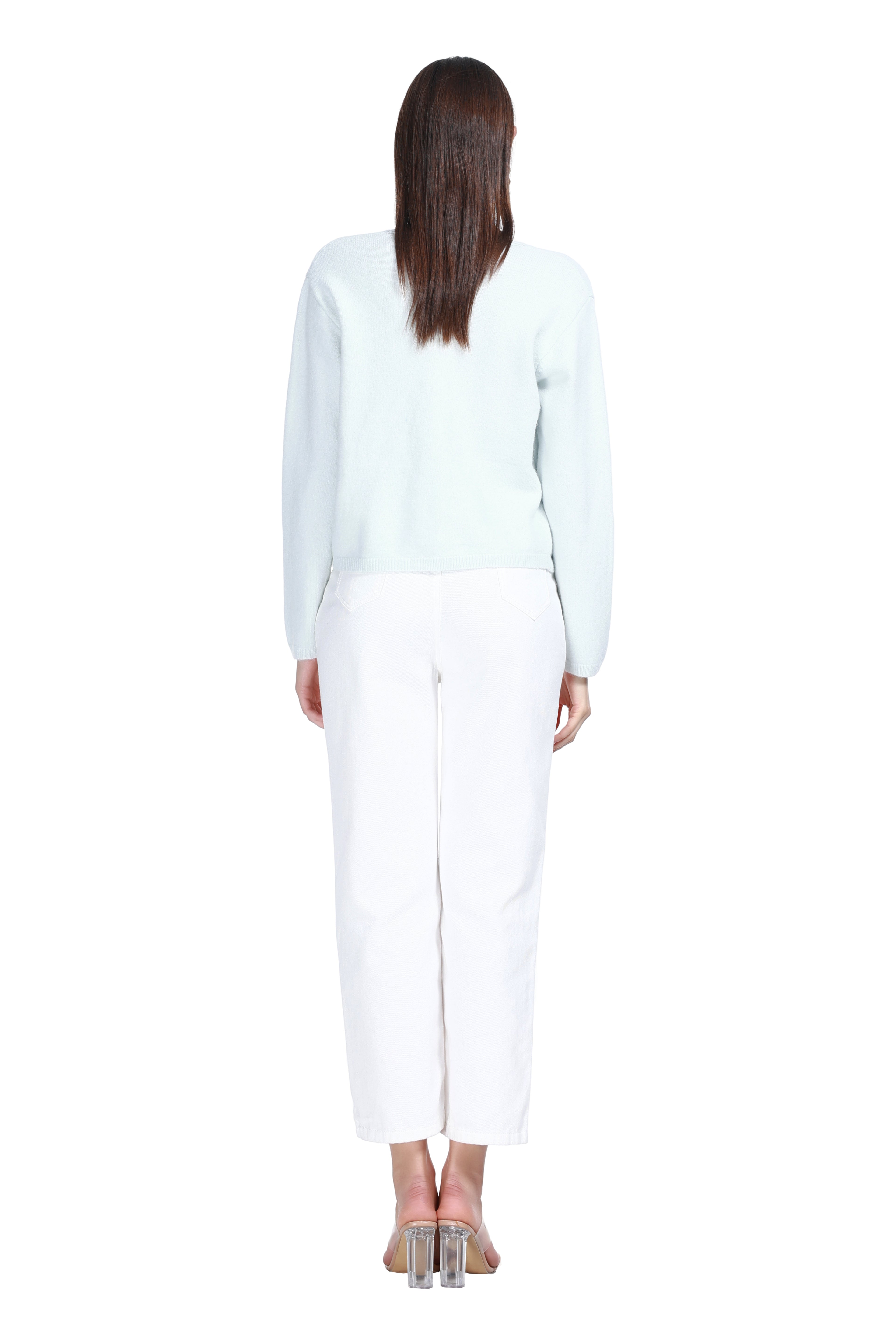 Crew Neck Scalloped Trim Long Sleeves Mixed Button Knitted Cardigan