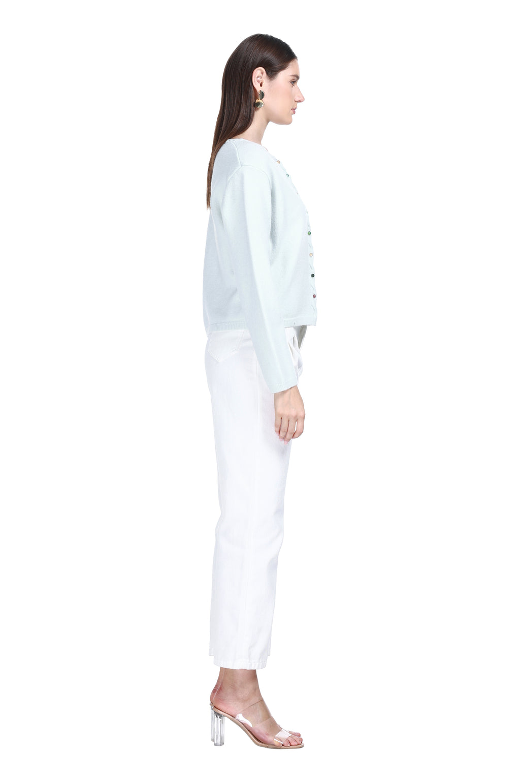 Crew Neck Scalloped Trim Long Sleeves Mixed Button Knitted Cardigan