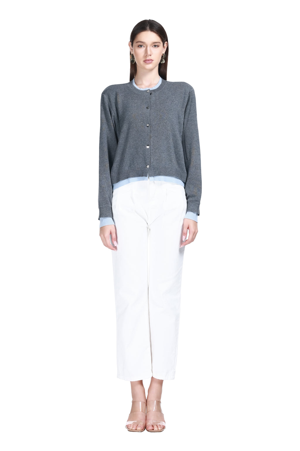 Crew Neck Long Sleeve Contrast Ribbed Trim Faux Layered Knitted Cardigan