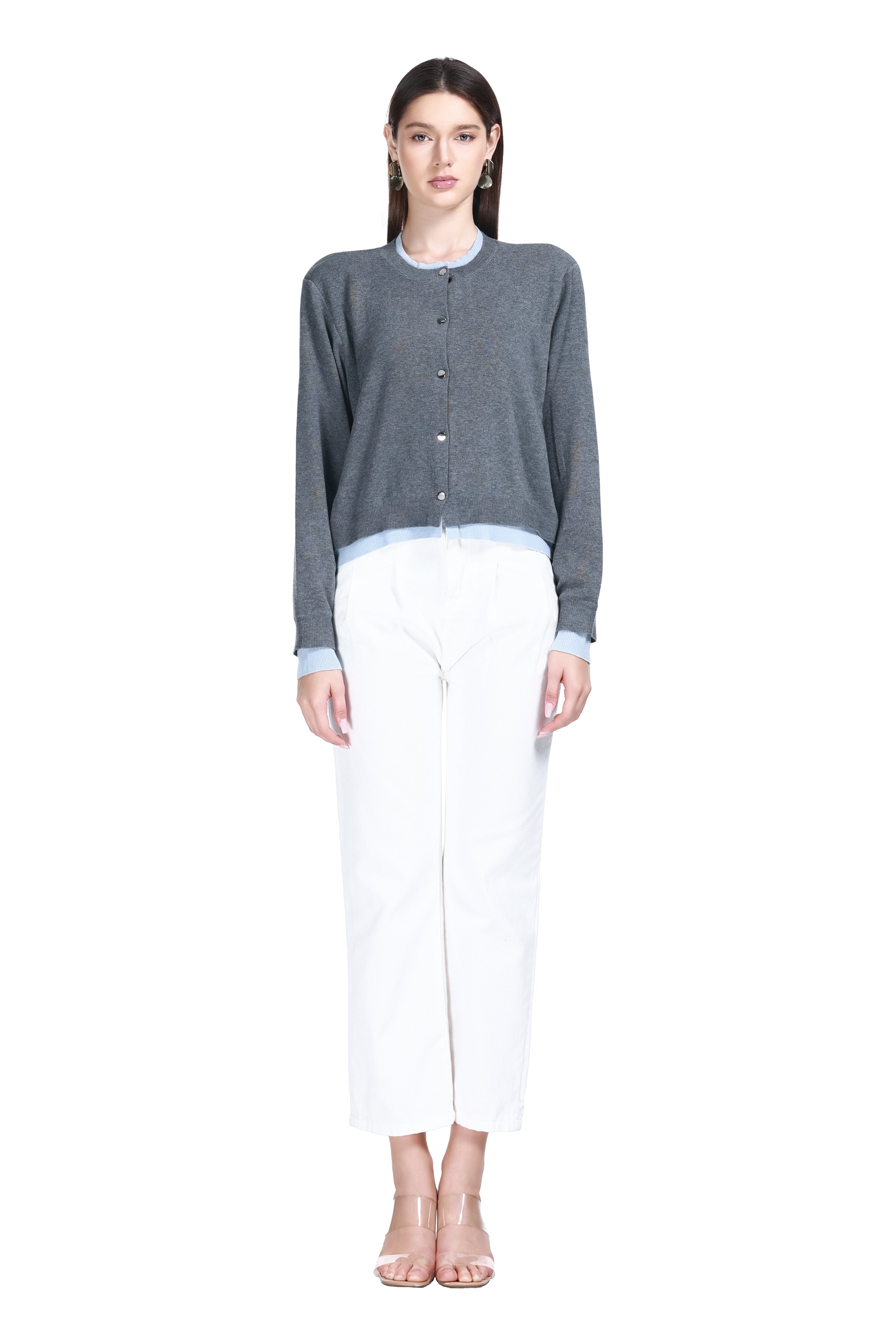 Crew Neck Long Sleeve Contrast Ribbed Trim Faux Layered Knitted Cardigan