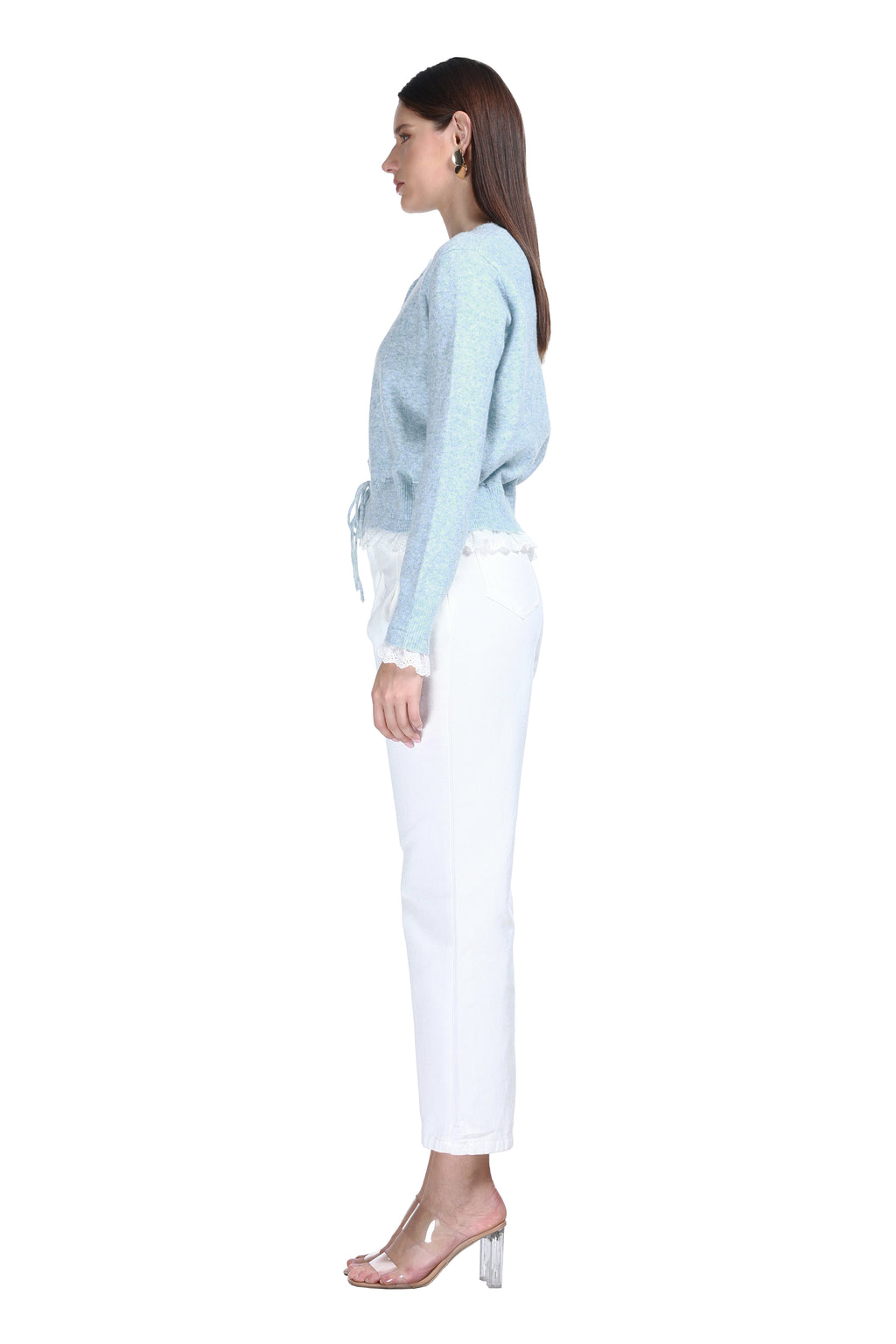 Crew Neck Long Sleeves Lace Trim Drawstring Waist Knitted Cardigan