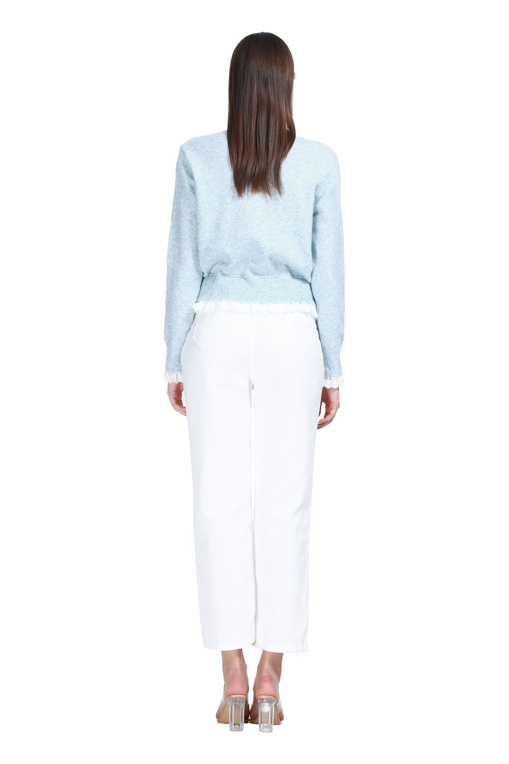 Crew Neck Long Sleeves Lace Trim Drawstring Waist Knitted Cardigan