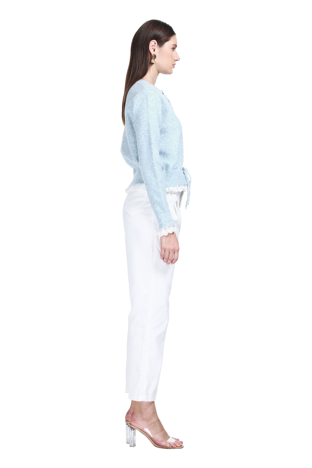 Crew Neck Long Sleeves Lace Trim Drawstring Waist Knitted Cardigan