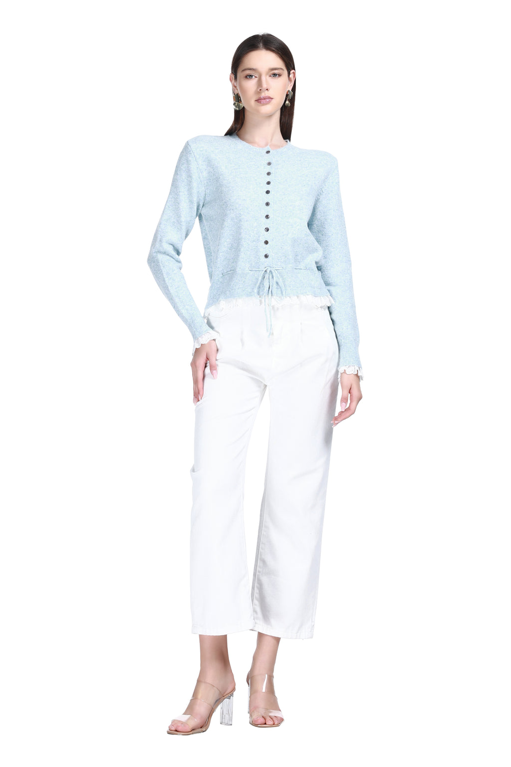 Crew Neck Long Sleeves Lace Trim Drawstring Waist Knitted Cardigan