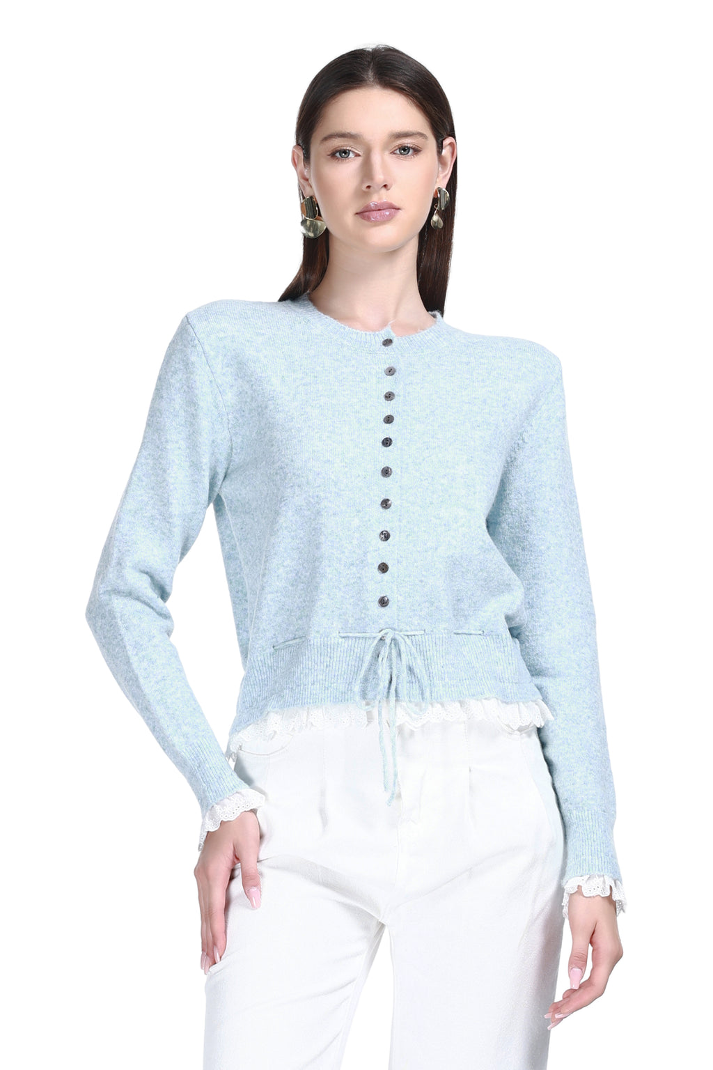 Crew Neck Long Sleeves Lace Trim Drawstring Waist Knitted Cardigan