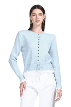 Crew Neck Long Sleeves Lace Trim Drawstring Waist Knitted Cardigan