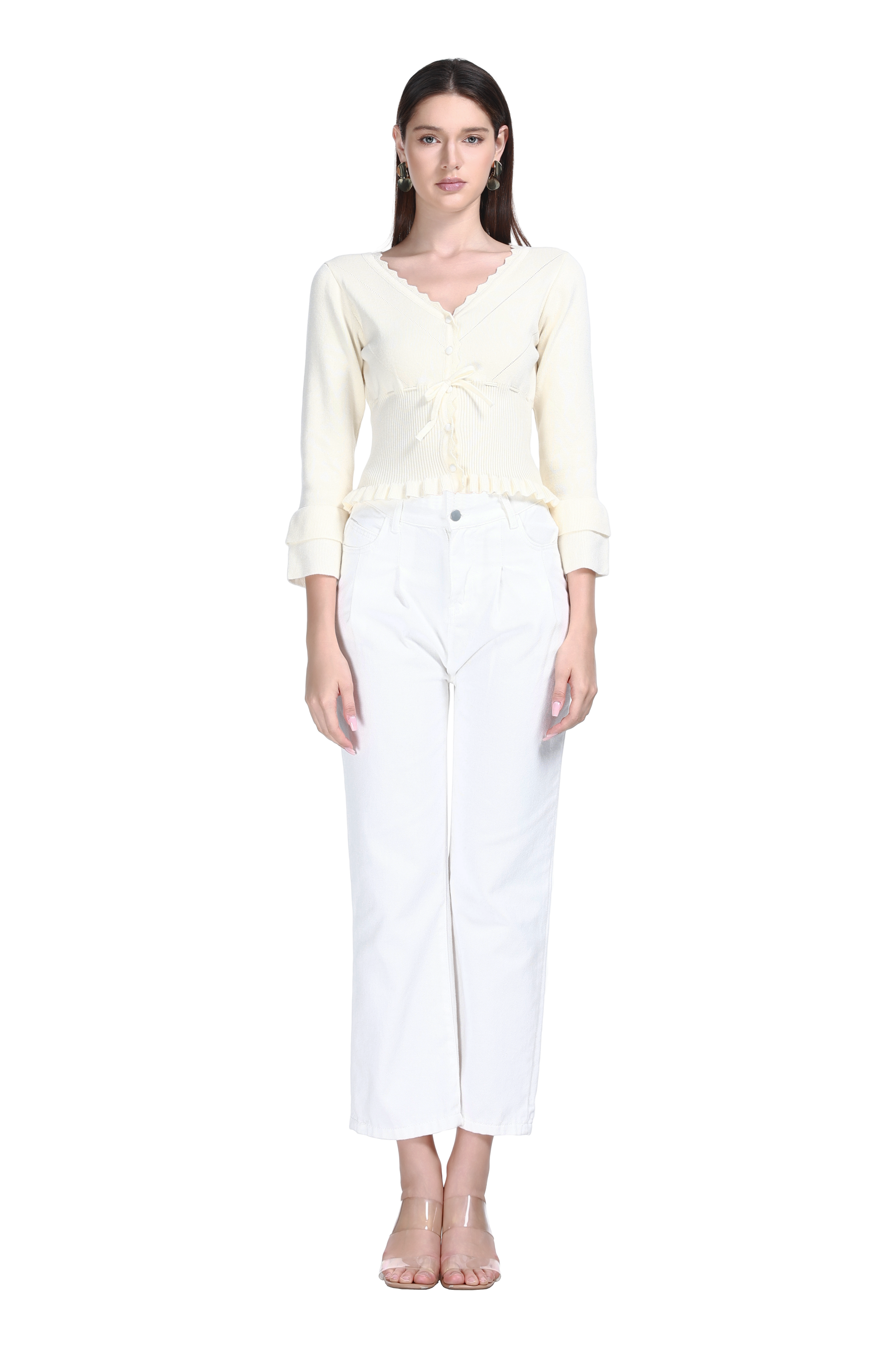 Crew Neck Long Sleeve Fruit Embroidery Buttons Knitted Short Cardigan